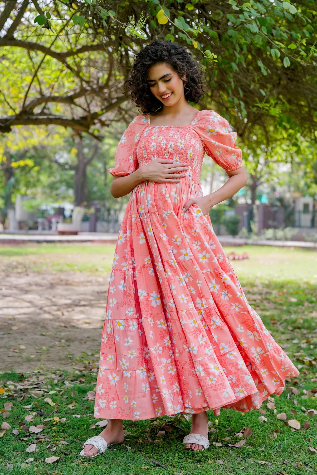 Graceful Apricot Floral Maternity Layered Dress (100% Cotton) - Chenance