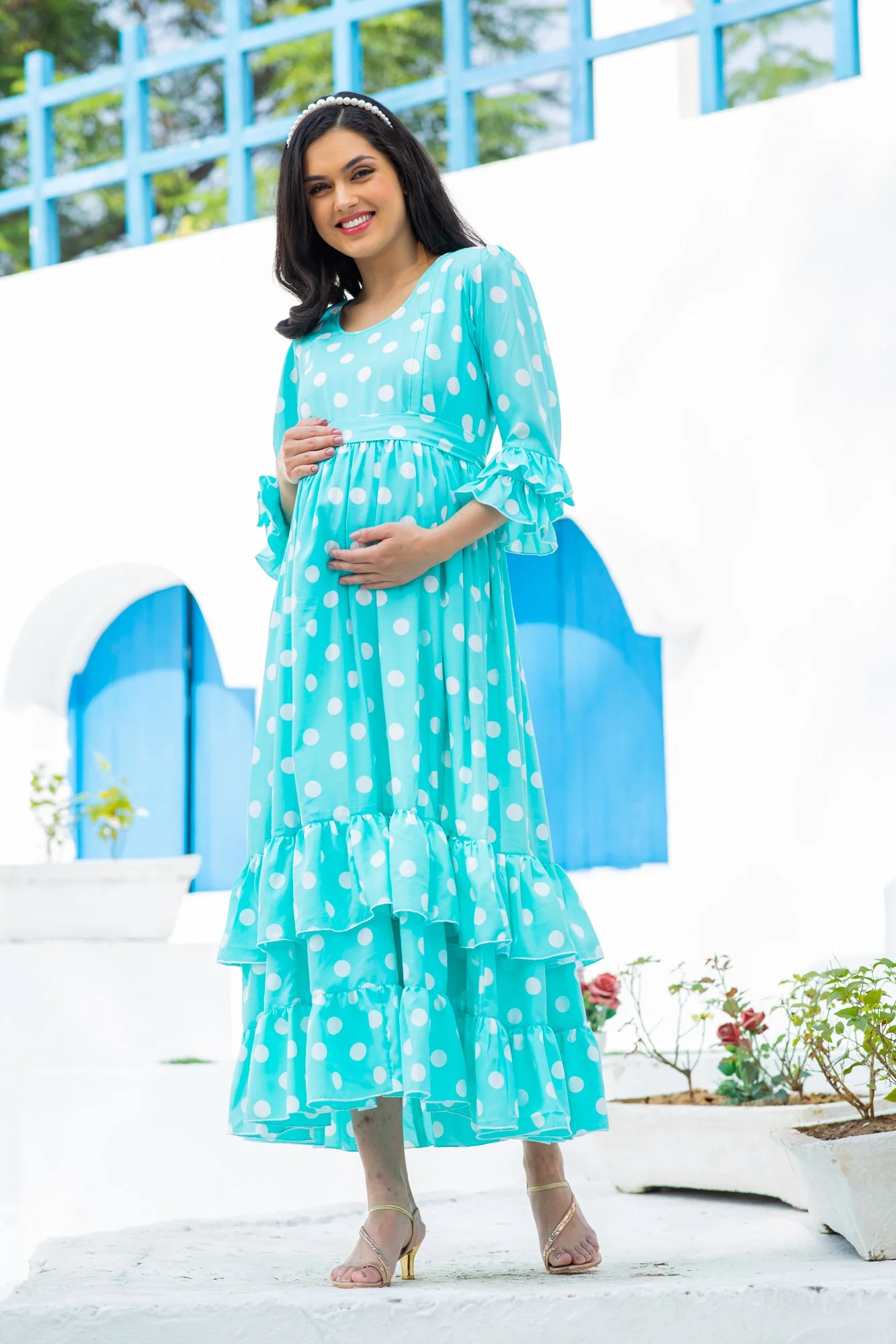 Classic Turquoise Polka Maternity & Nursing Frill Dress - Chenance