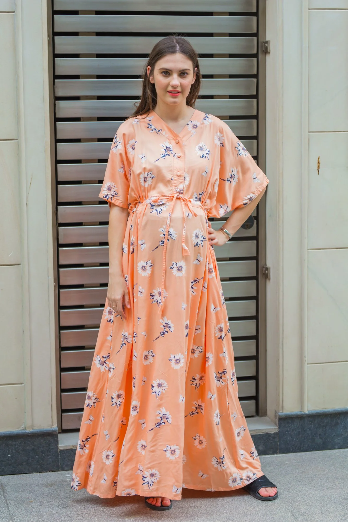 Floral Peachy Maternity & Nursing Dress / Delivery Gown/ Night Dress - Chenance