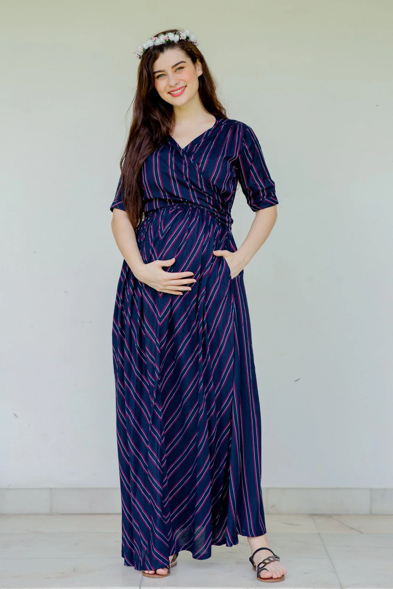 Anchor Striped Maternity & Nursing Wrap Dress - Chenance