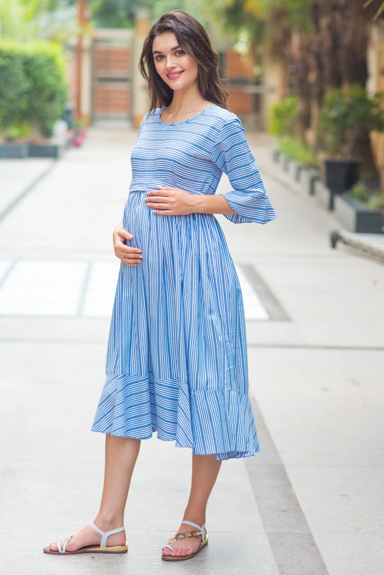 Blue Striped Ruffle Maternity & Nursing Dress - Chenance
