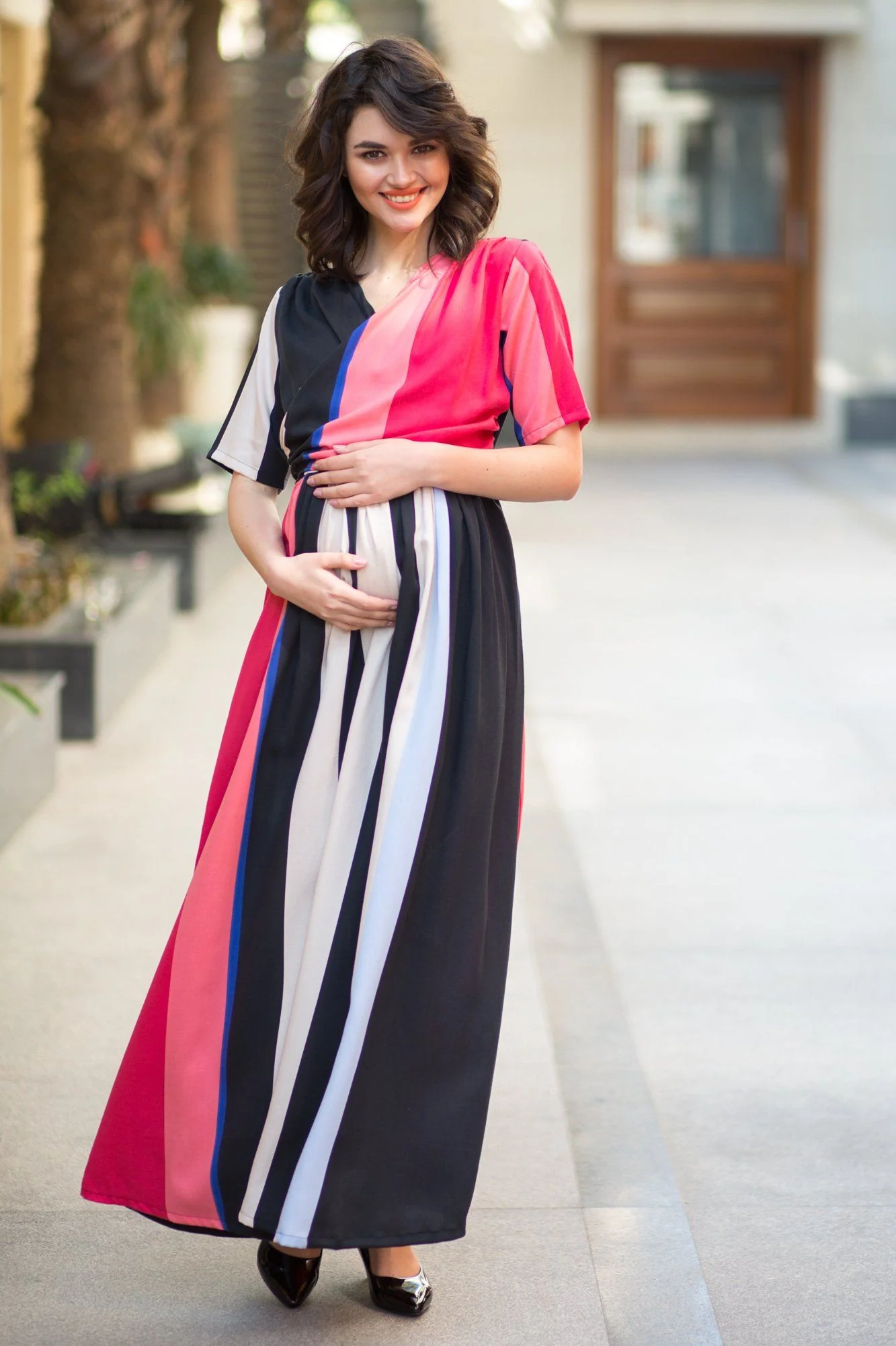 Royal Stripe Cotton Blend Maternity & Nursing Wrap Dress - Chenance