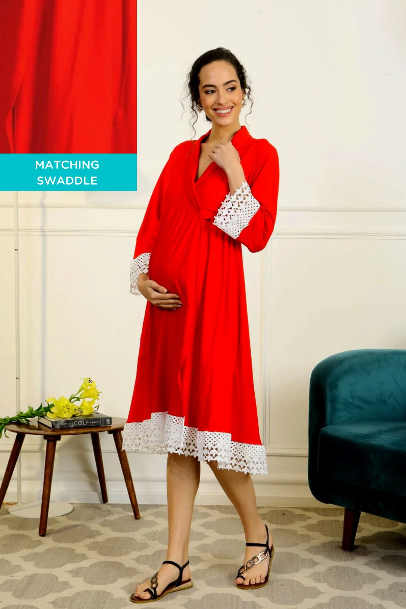 Cherry Red Lycra Maternity & Nursing Wrap Nightwear Dress + Matching Baby Swaddle Set Of 2 - Chenance