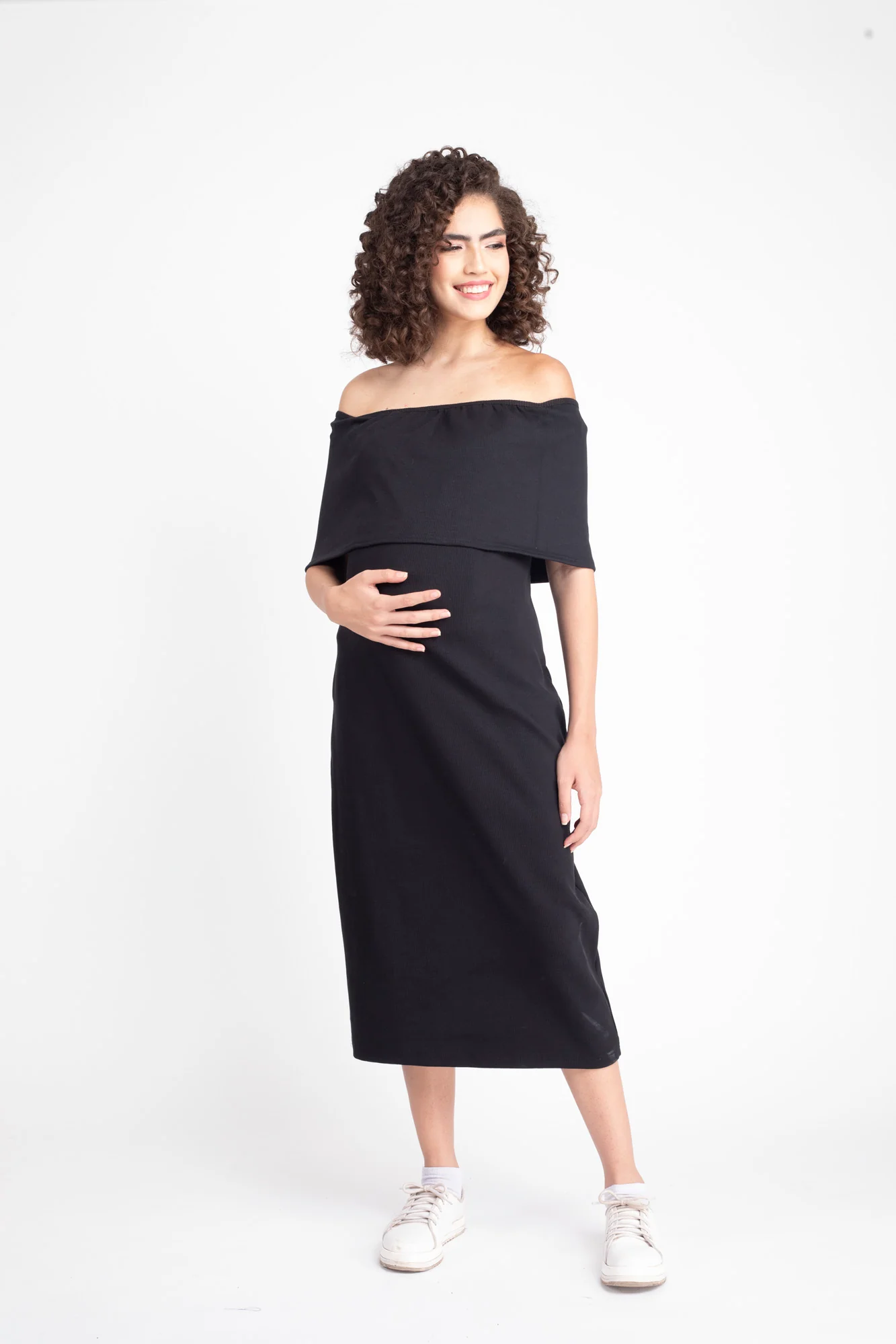 Glamorous Ribbed Black Maternity Bodycon Off-Shoulder Dress - Chenance