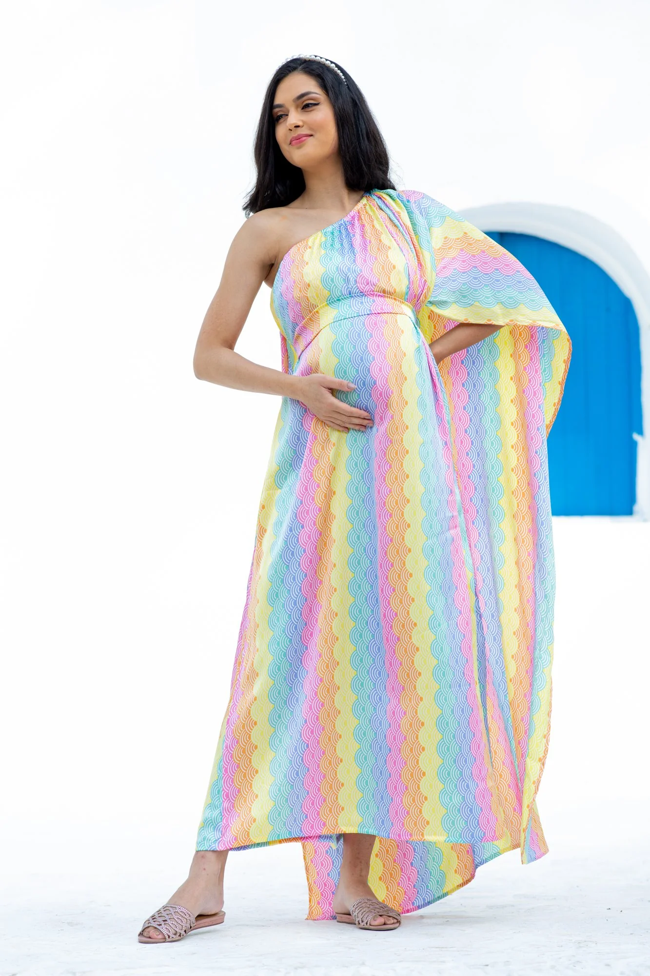 Luxe Rainbow One Shoulder Floral Maternity & Nursing Satin Dress - Chenance