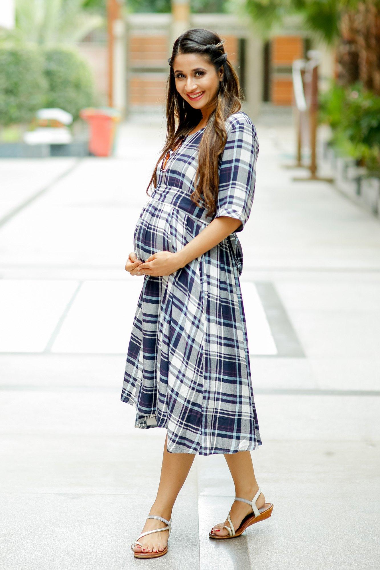 Royal Navy Plaid Concealed Zips Maternity and Nursing Dress - Chenance