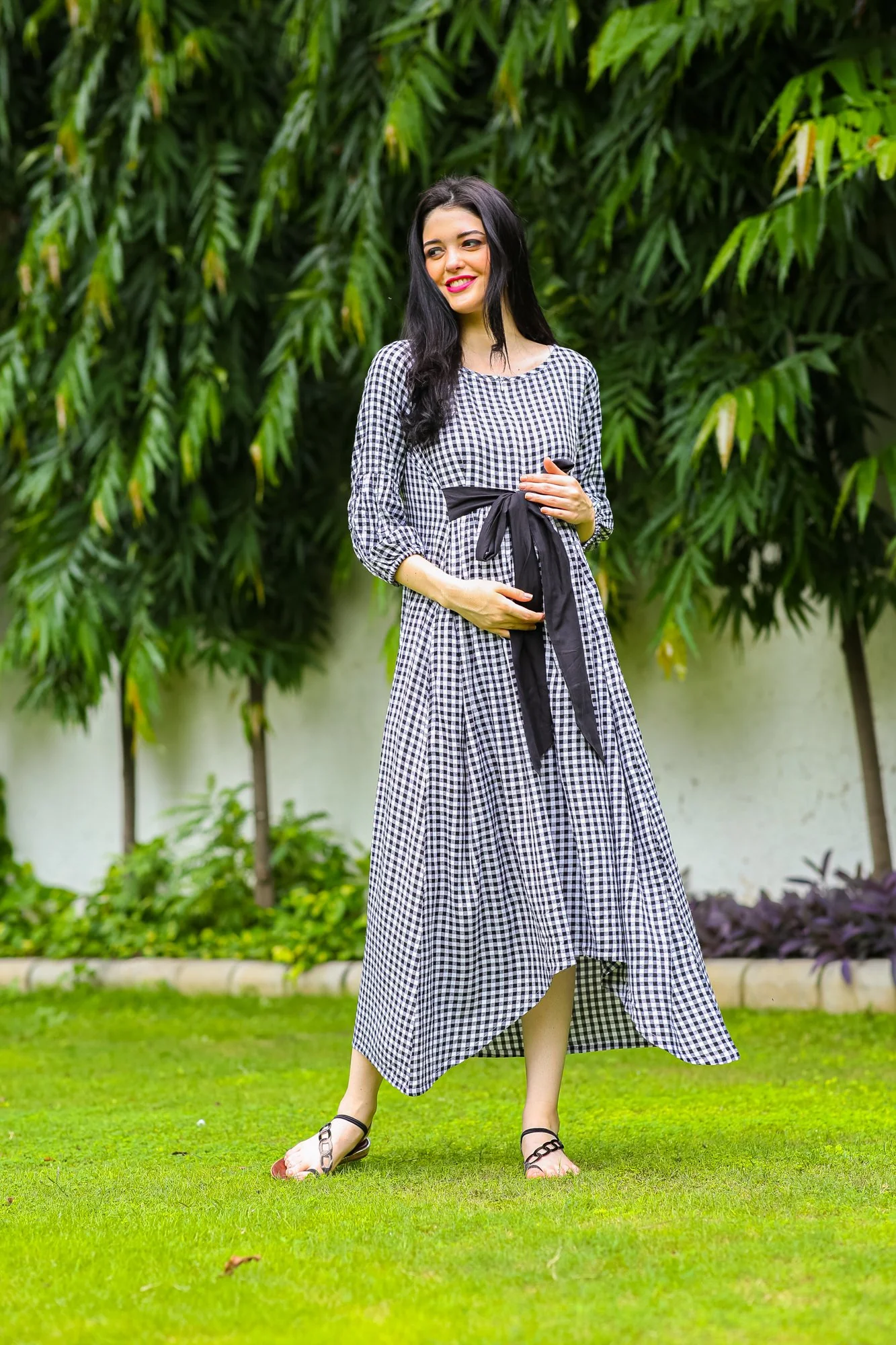 Plaid Dual Bow High-Low Maternity & Nursing Dress - Chenance