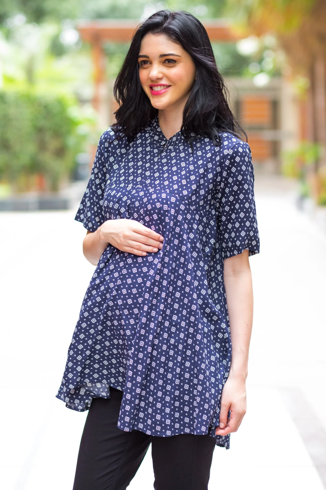 Navy Geo Flowing Maternity & Nursing Top - Chenance