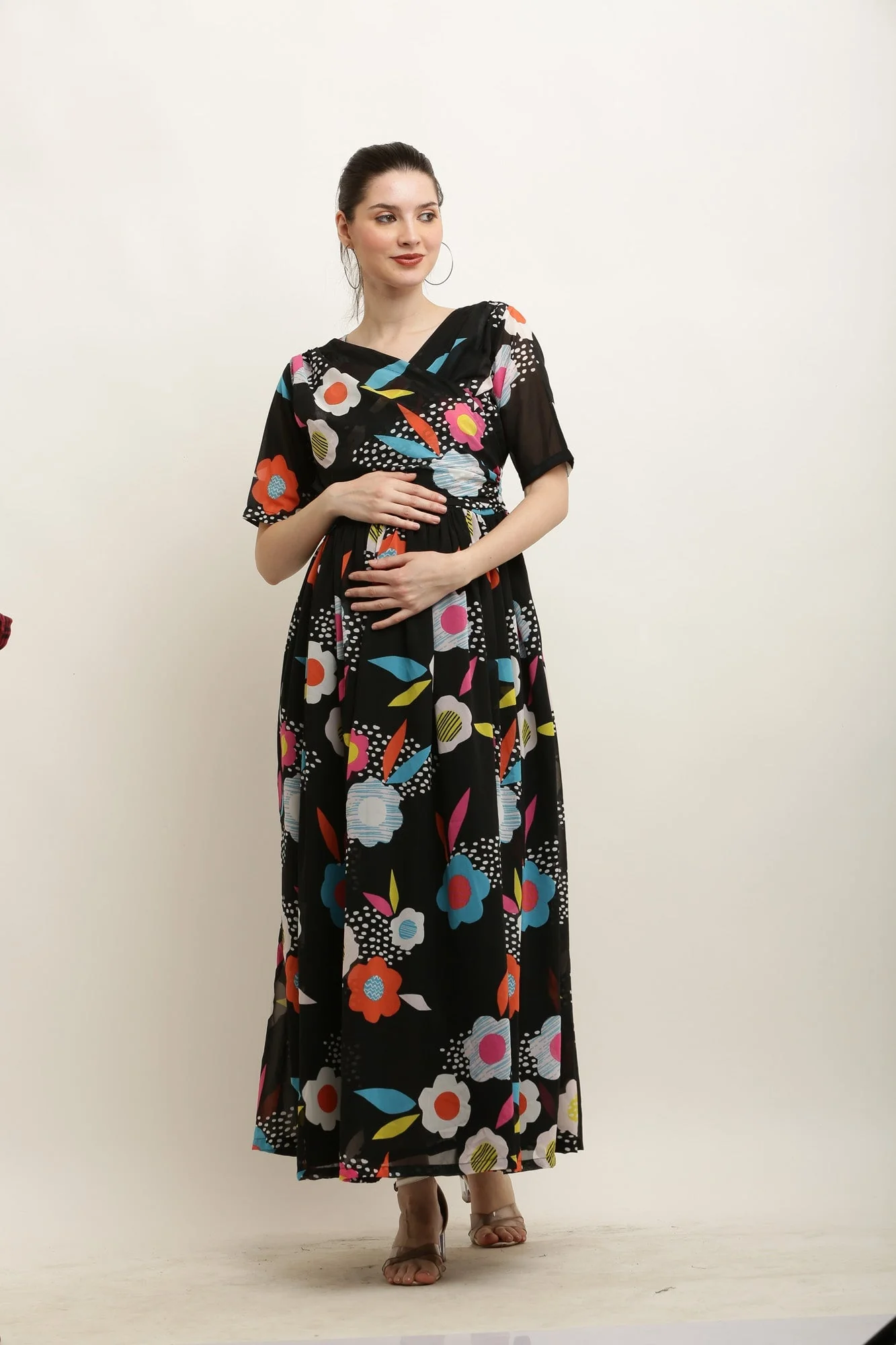 Candy Blackish Floral Maternity Layered Knot Dress - Chenance