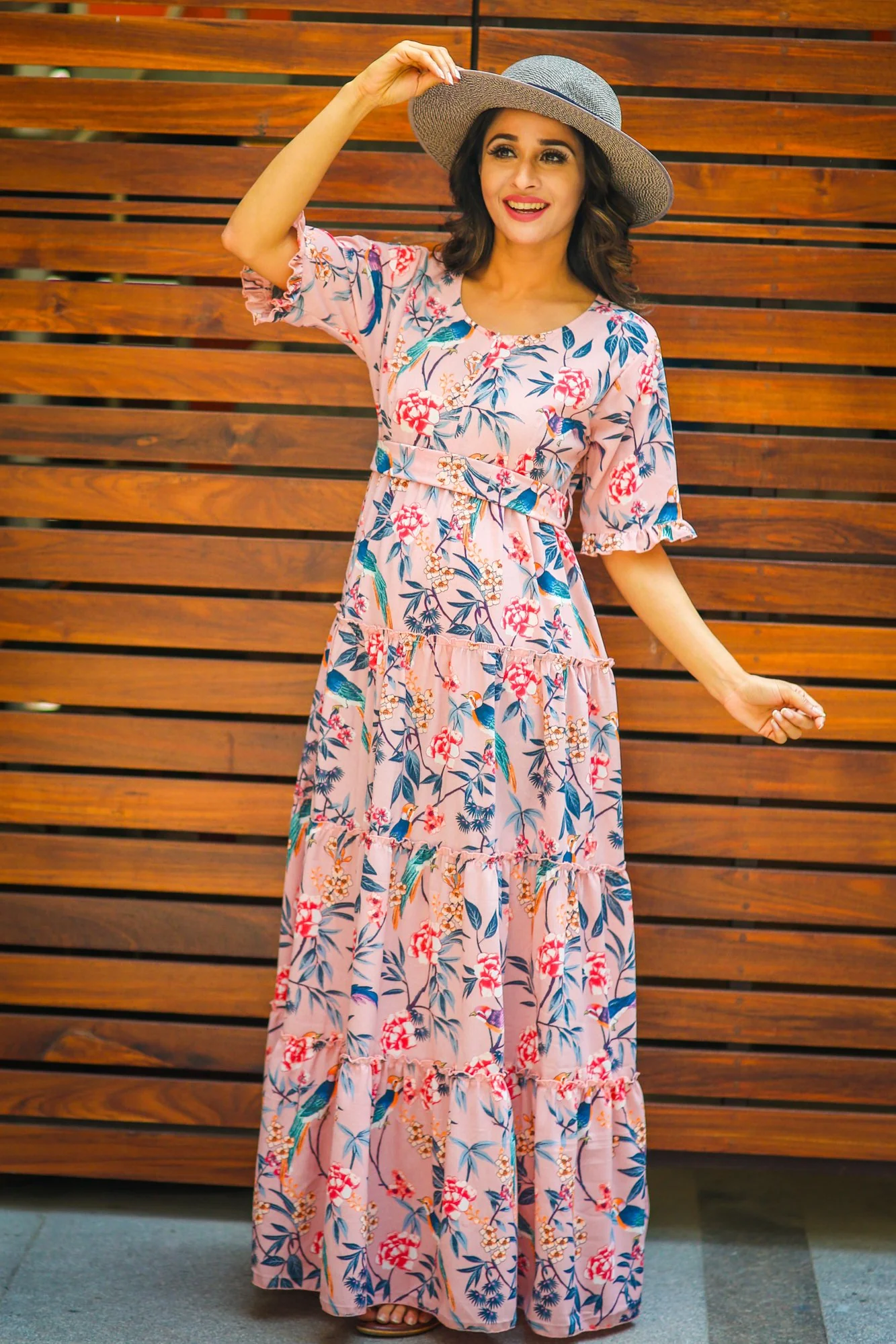 Multilayer Garden Peach Frill Single Concealed Zip Maternity & Nursing Dress - Chenance