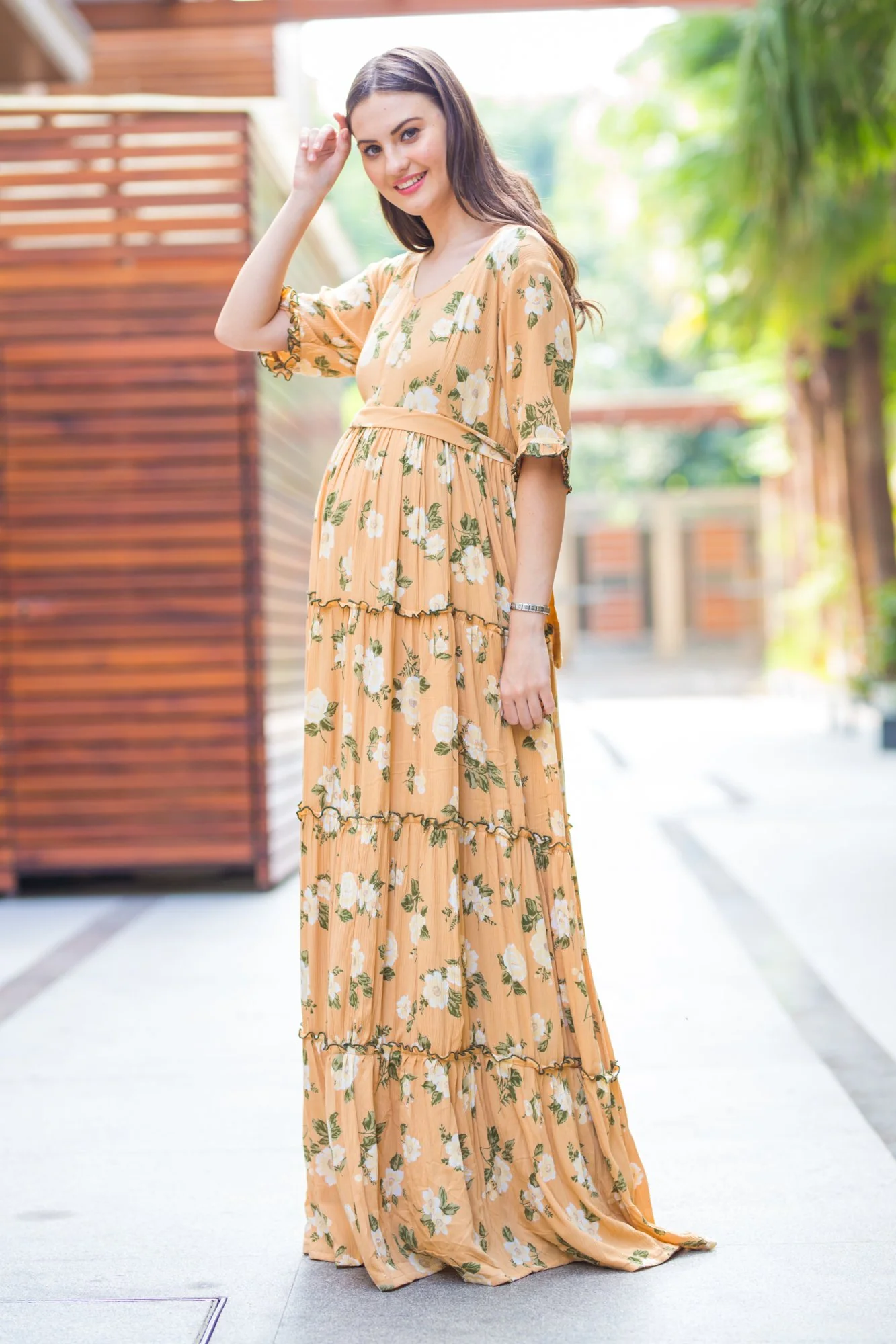 Multilayer Baby Fawn Frill Maternity & Nursing Dress - Chenance