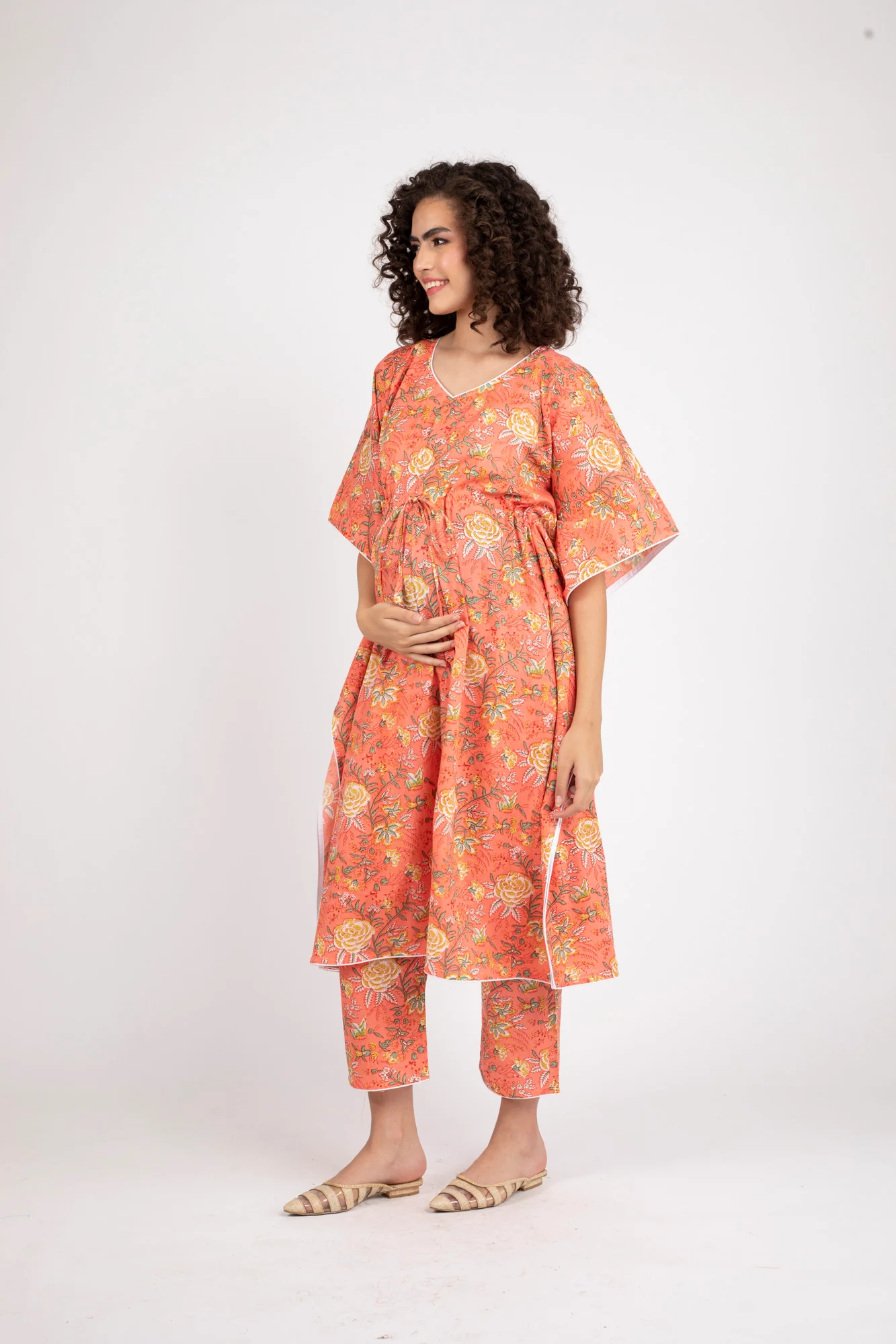 Luxe Tangerine Red Maternity Lounge Kaftan Set (2 pc) (100% Cotton) - Chenance