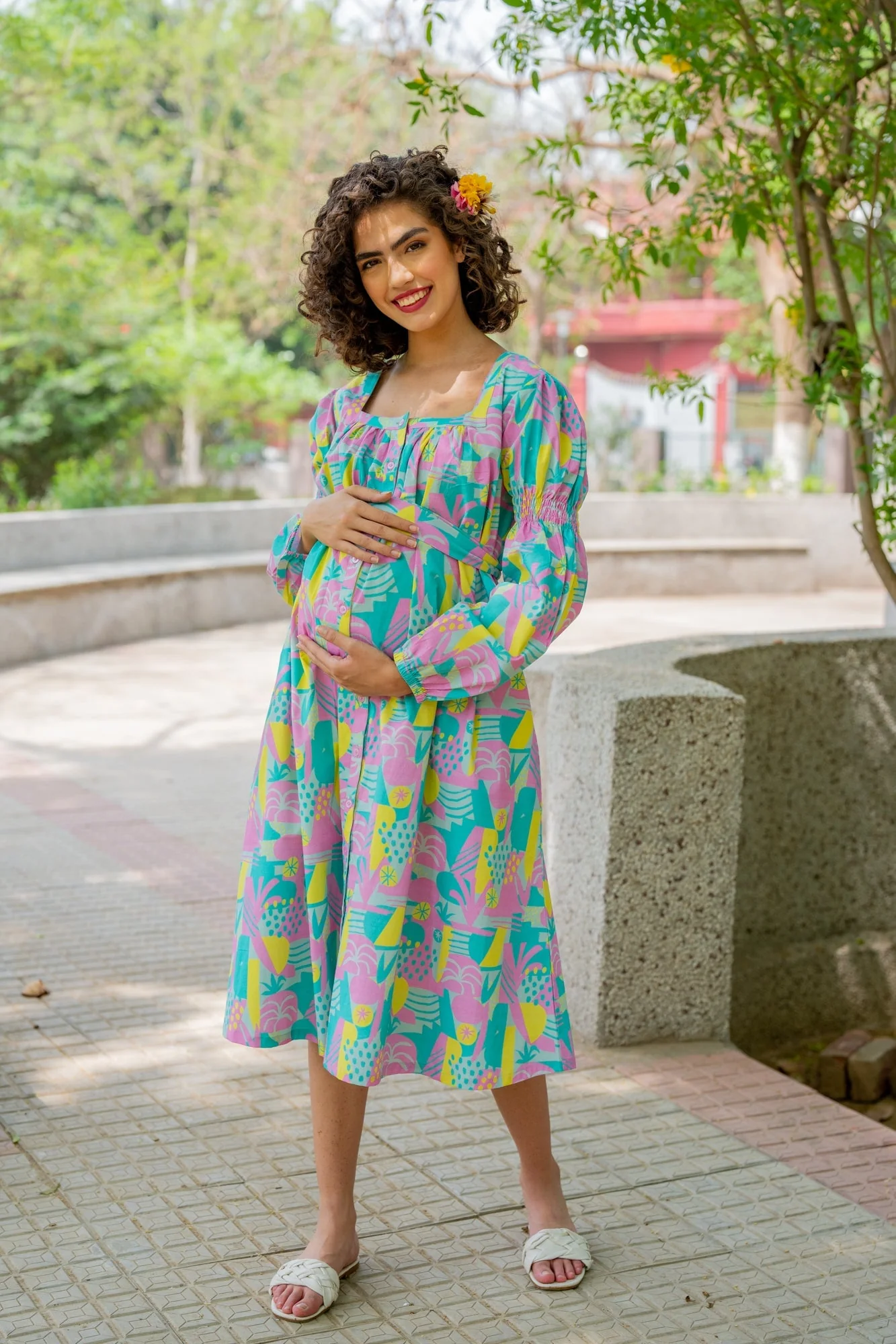 Dusty Blue Yellow Abstract Maternity & Nursing Dress (100% Cotton) - Chenance