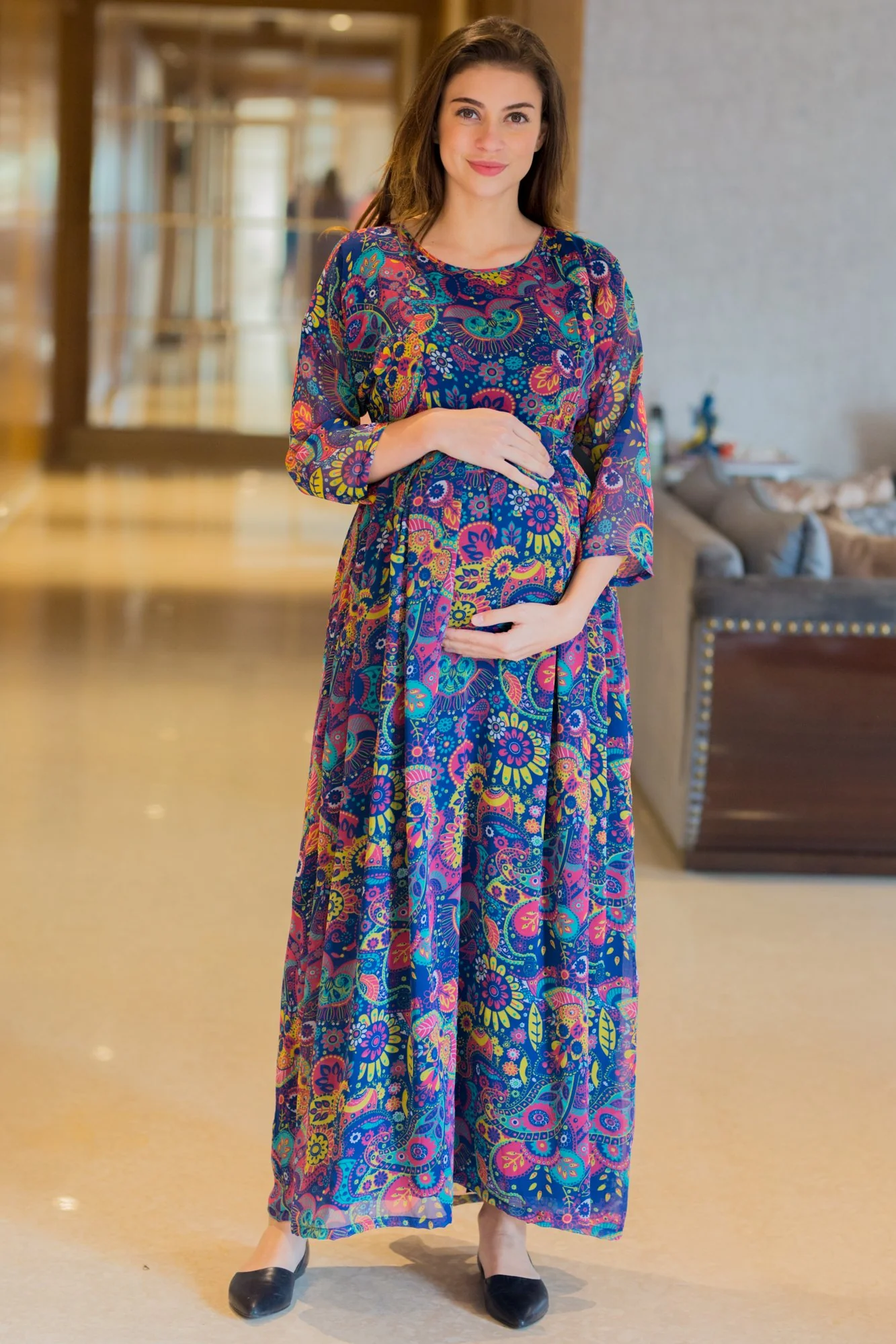 Multi Blossom Concealed Zip Maternity & Nursing Maxi - Chenance