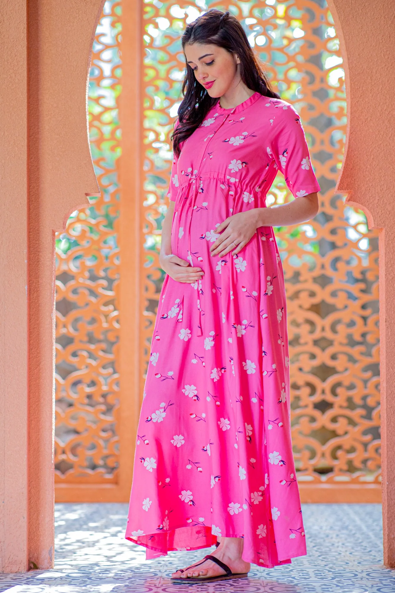 Rose Pink Maternity & Nursing Dress / Delivery Gown/ Night Dress - Chenance