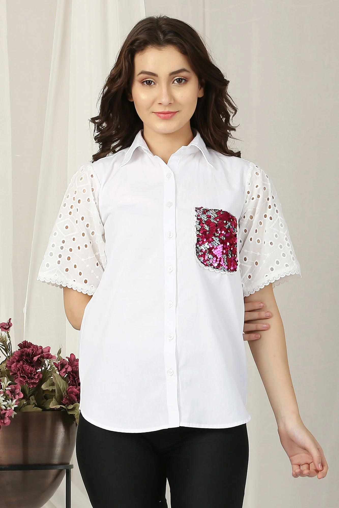 Women Classic Snow White Adorned Pocket Shirt (100% Cotton) - Chenance