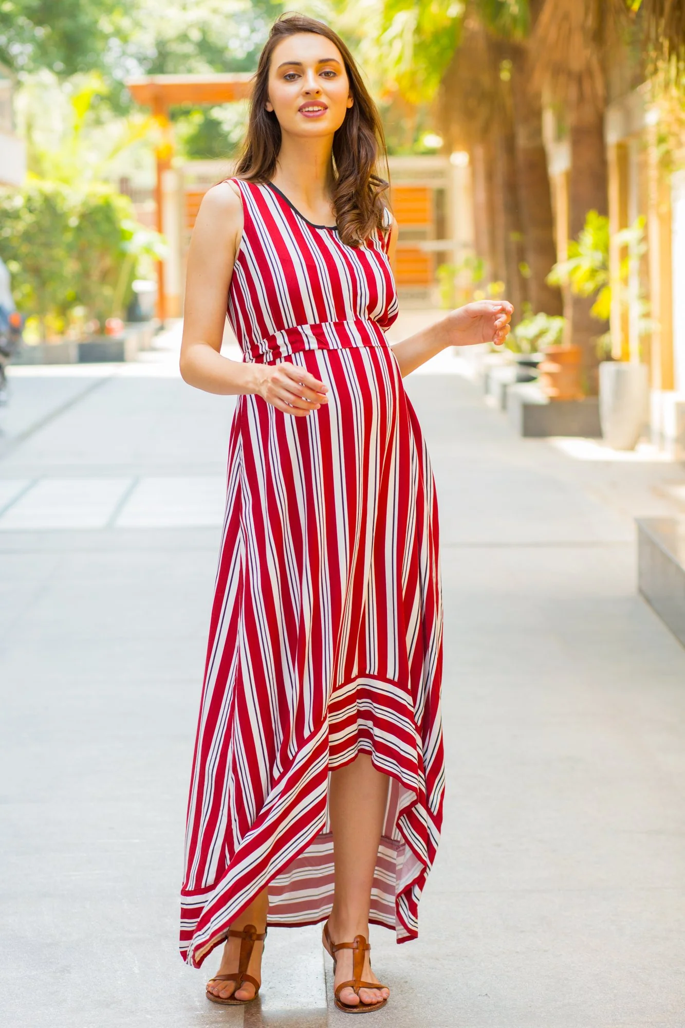 Maroon Striped Front Zip Hi-Low Maternity & Nursing Dress - Chenance