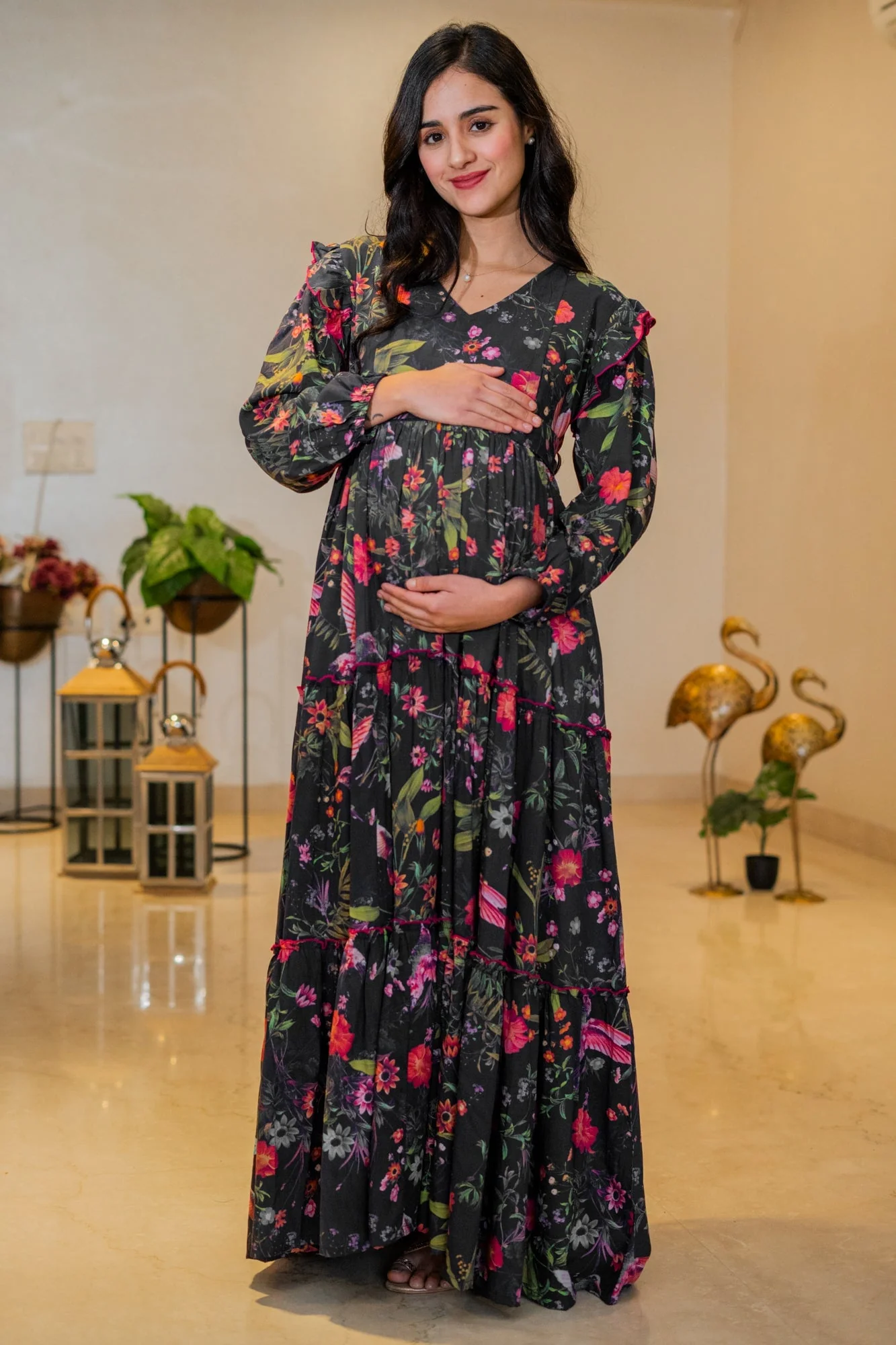 Serene Midnight Blooming Maternity & Nursing Layered Dress - Chenance