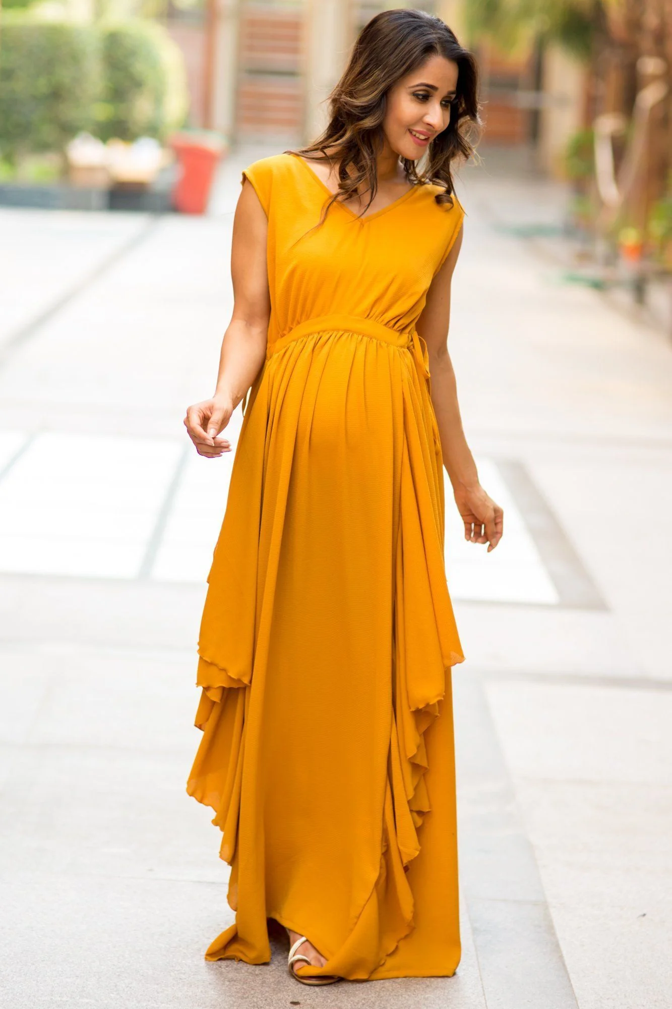 Luxe Mustard Yellow Moss Crepe Maternity Dress - Chenance