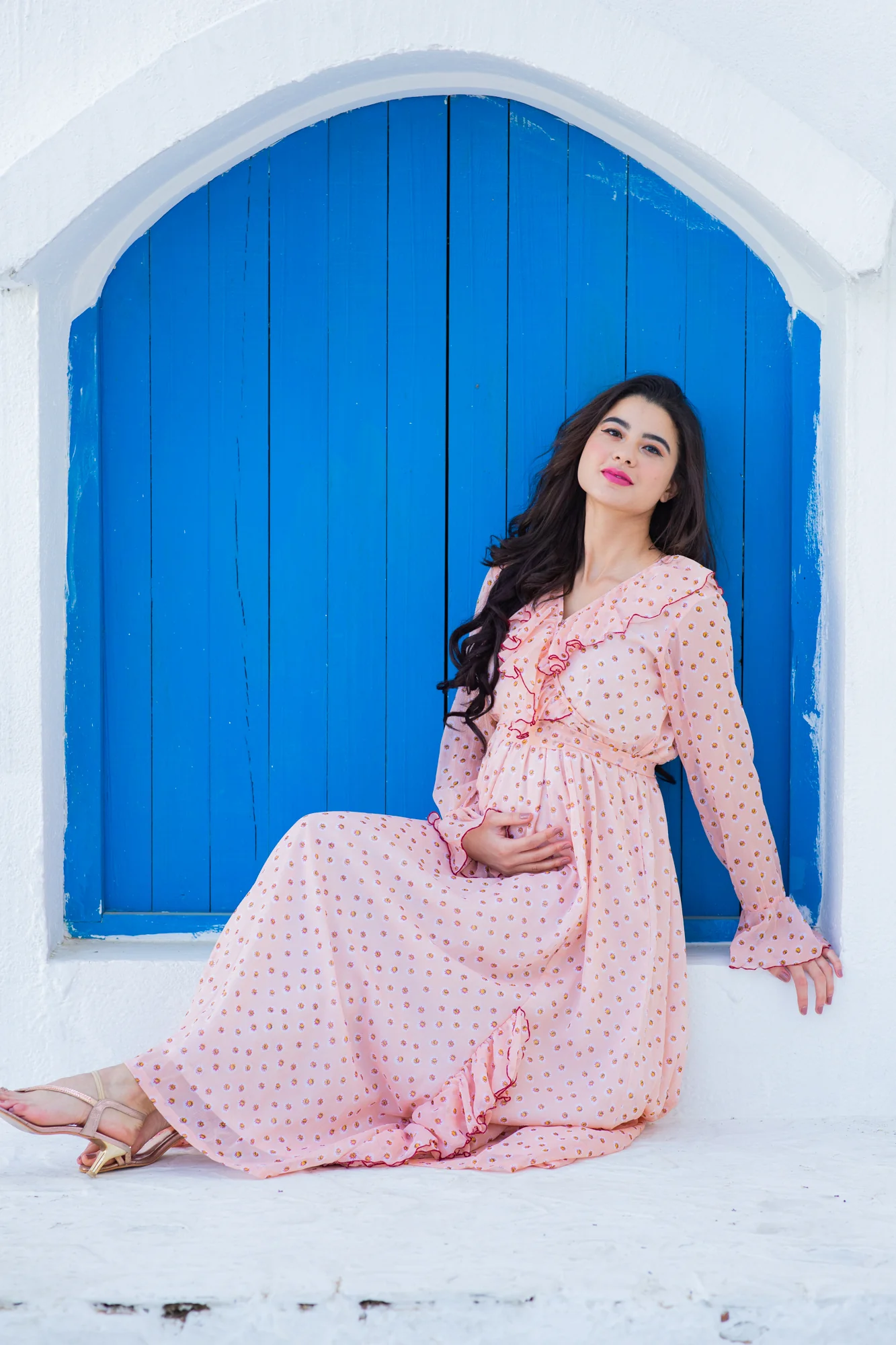 Miami Peach Dotted Maternity Frill Dress - Chenance