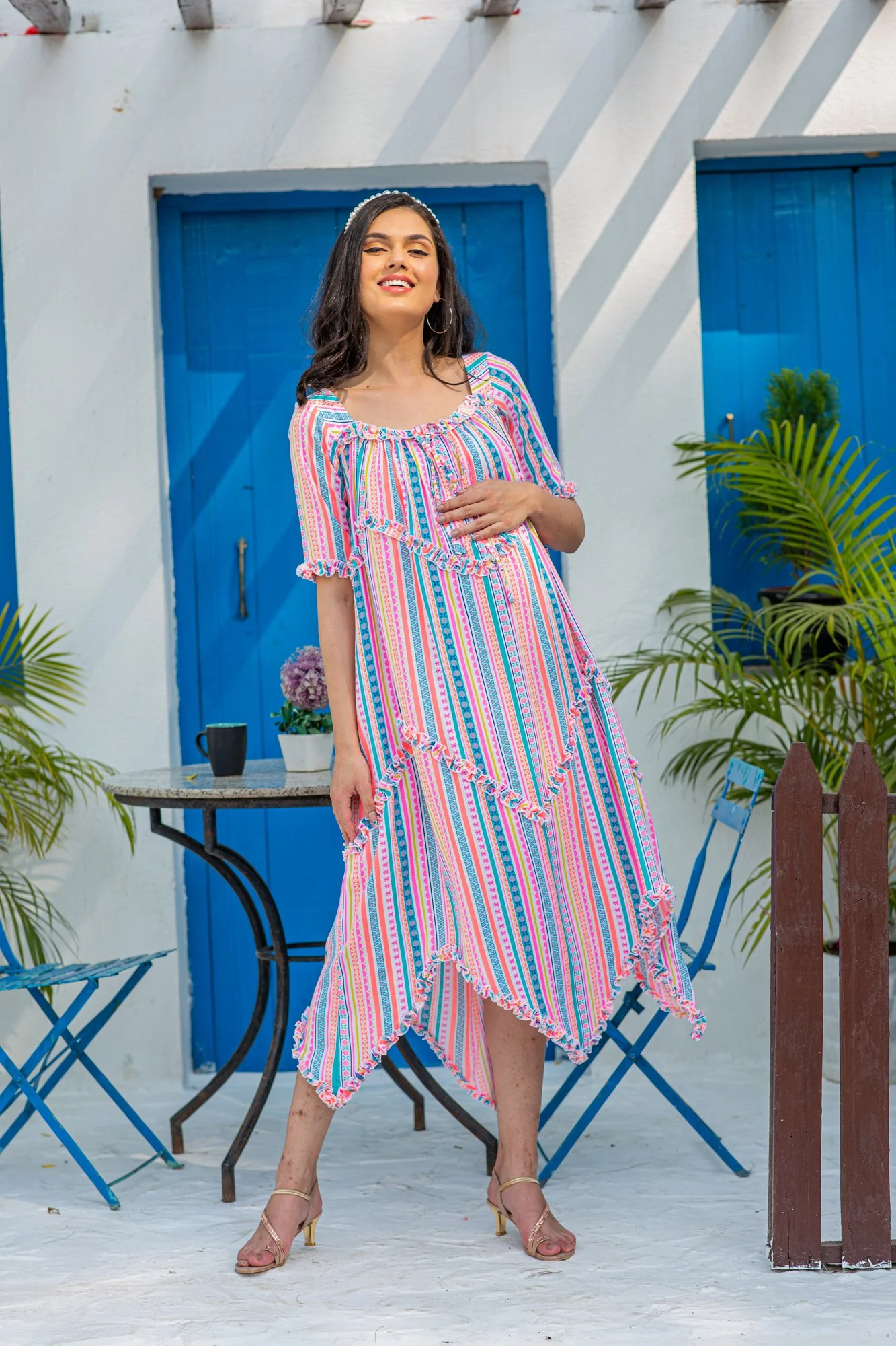 Angelic Vibrant Striped Long Maternity & Nursing Dress - Chenance