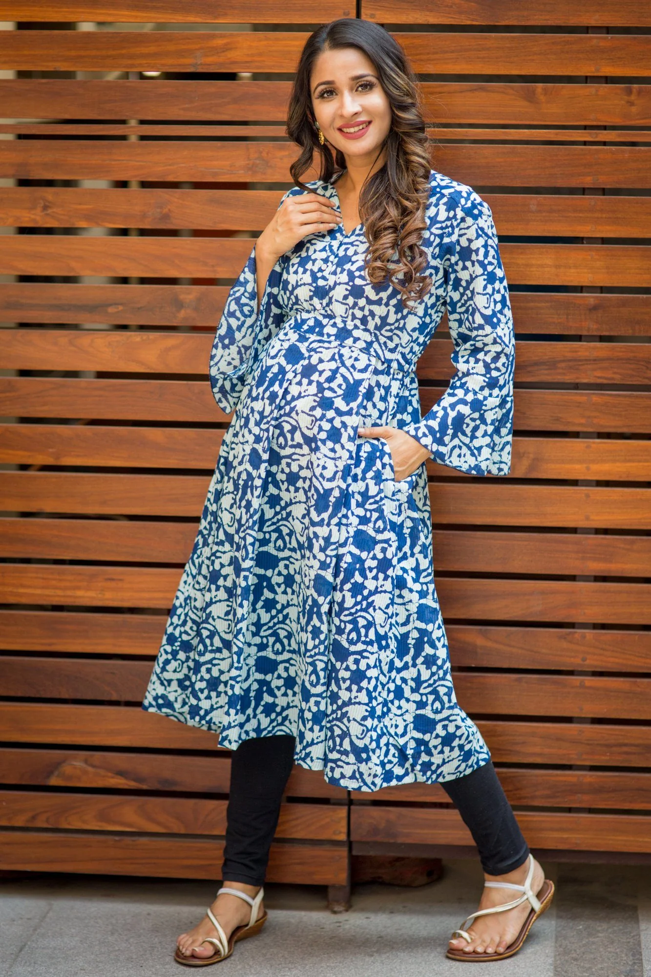 Indigo Front Button Boho Versatile Maternity & Nursing Kurta Dress - Chenance