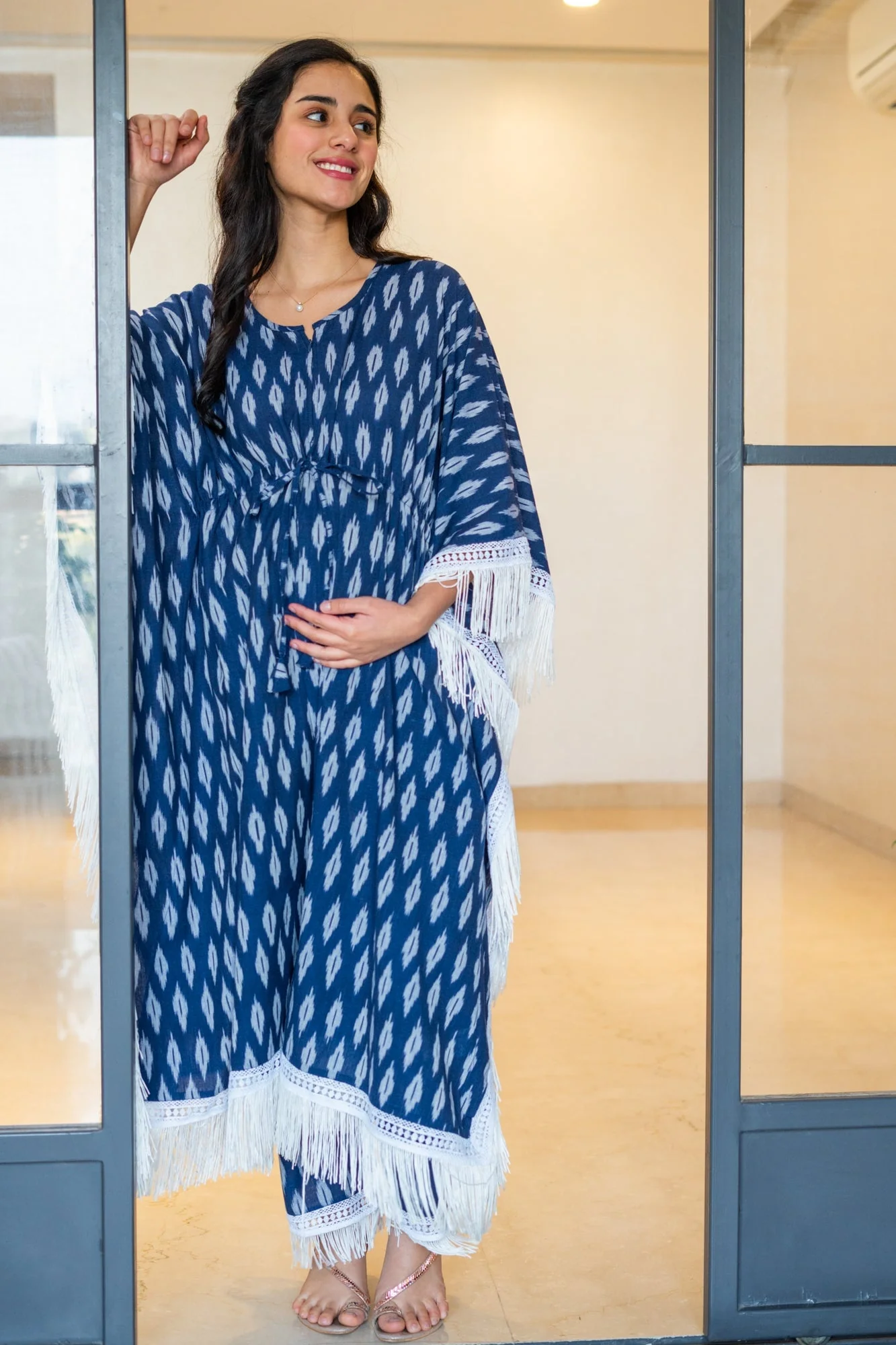 Luxe Indigo Blue Ikat Maternity & Nursing Kaftan Coord Set (100% Cotton) (2 Pc) - Chenance