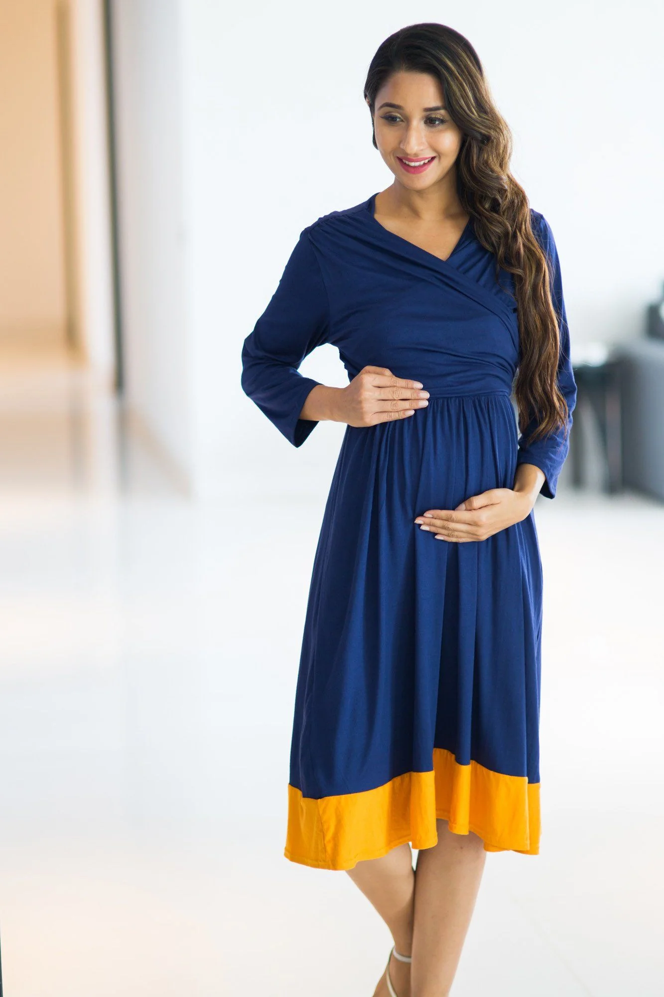 Deep Blue Mustard Wrap Tie Maternity & Nursing Dress - Chenance