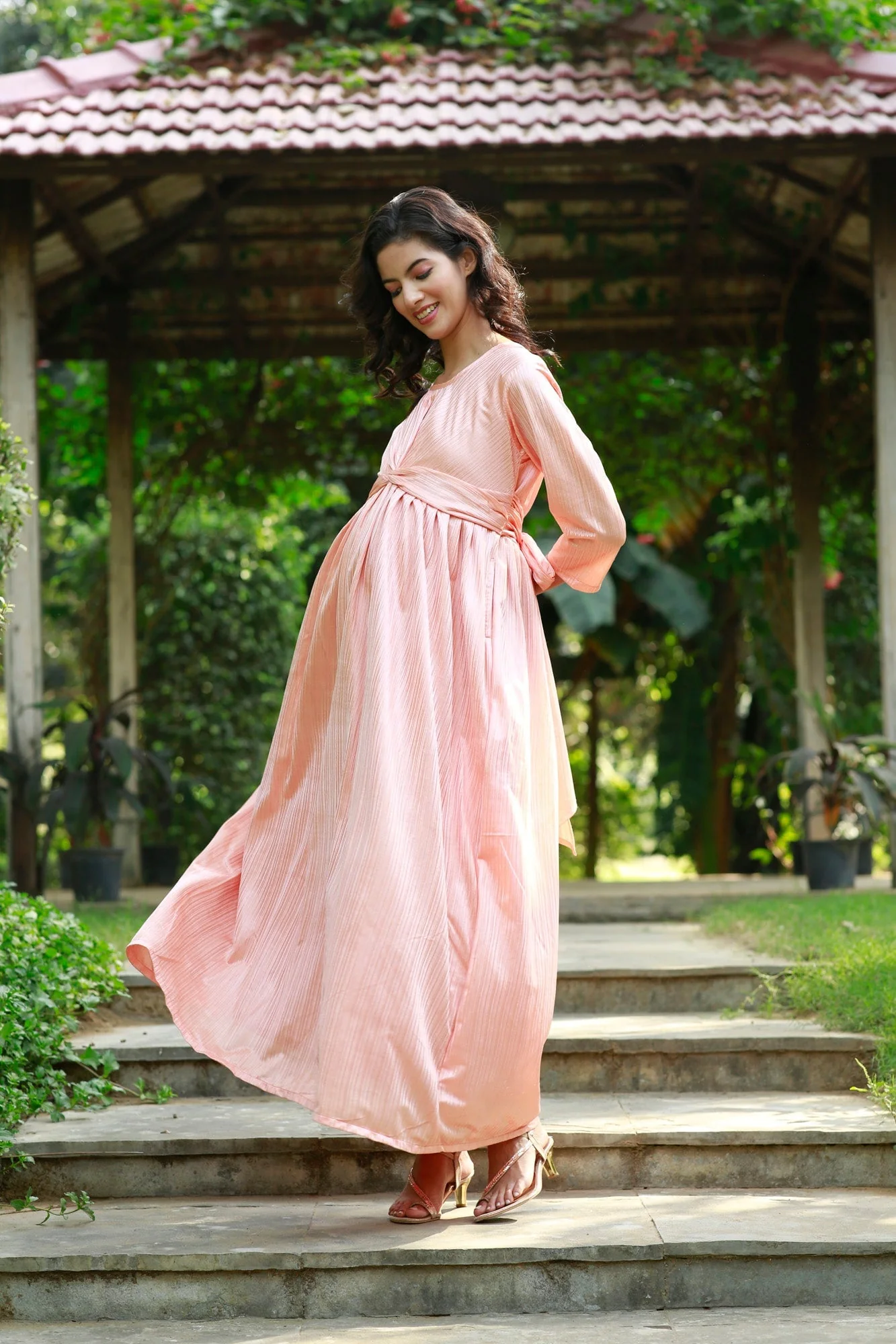 Elegant Coral Pleated Maternity Knot Dress - Chenance