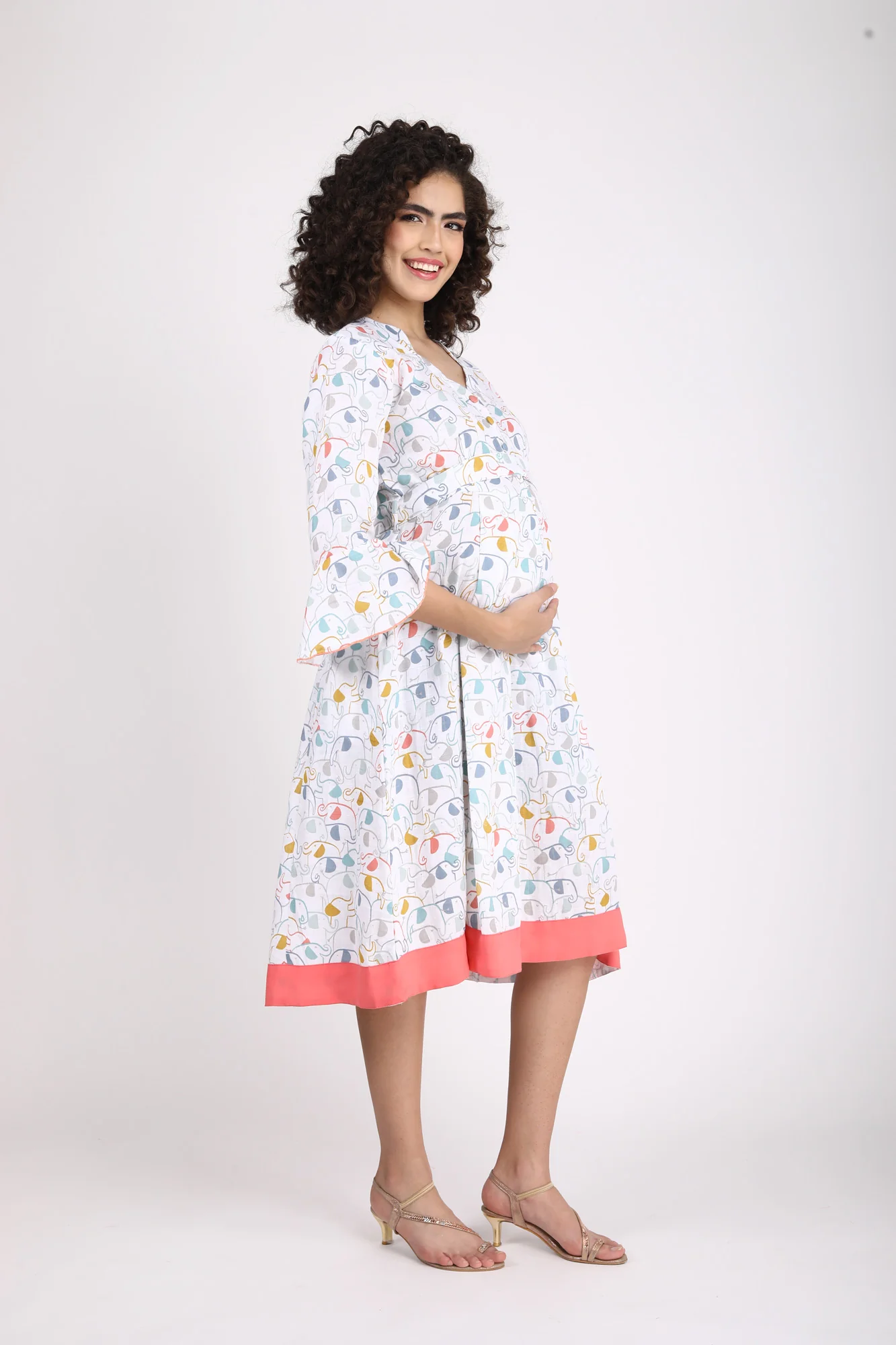 Abstract White Front Button Maternity & Nursing Linen Dress - Chenance