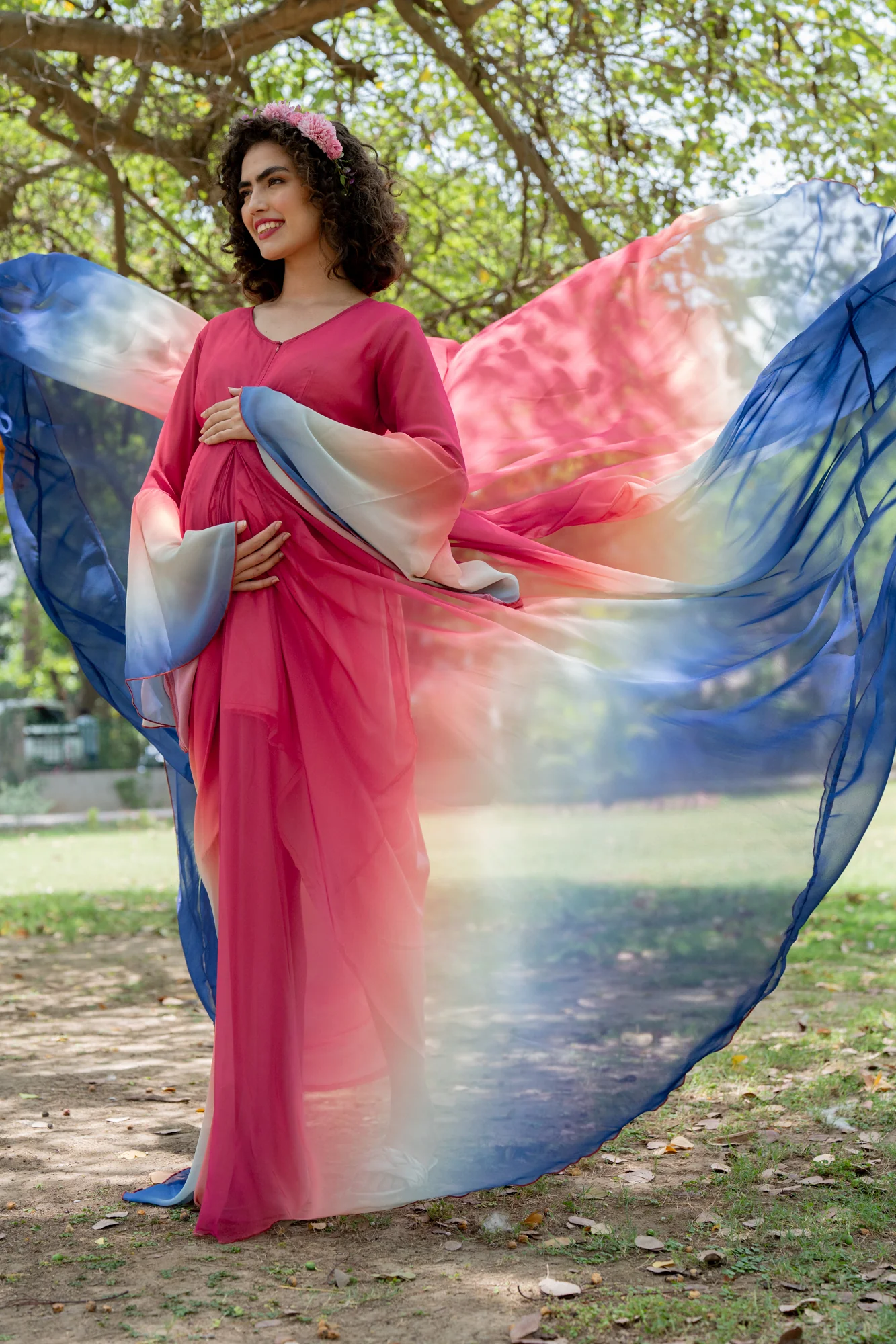 Luxe Pleasing Raspberry Blue Maternity & Nursing Flair Photoshoot Gown - Chenance