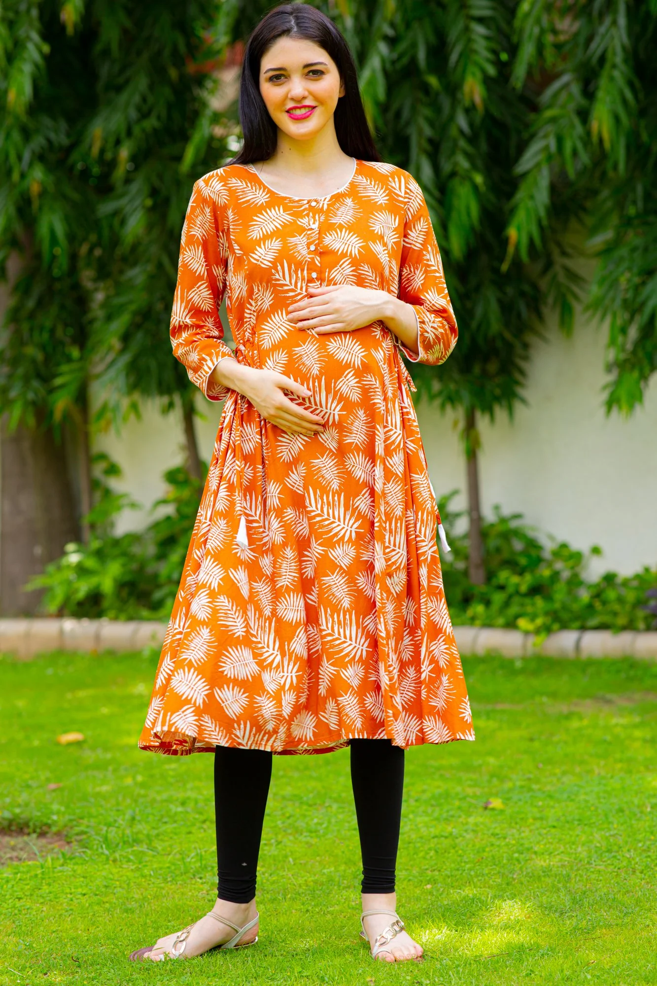 Orange Leafy Maternity & Nursing Kurta Dress - Chenance