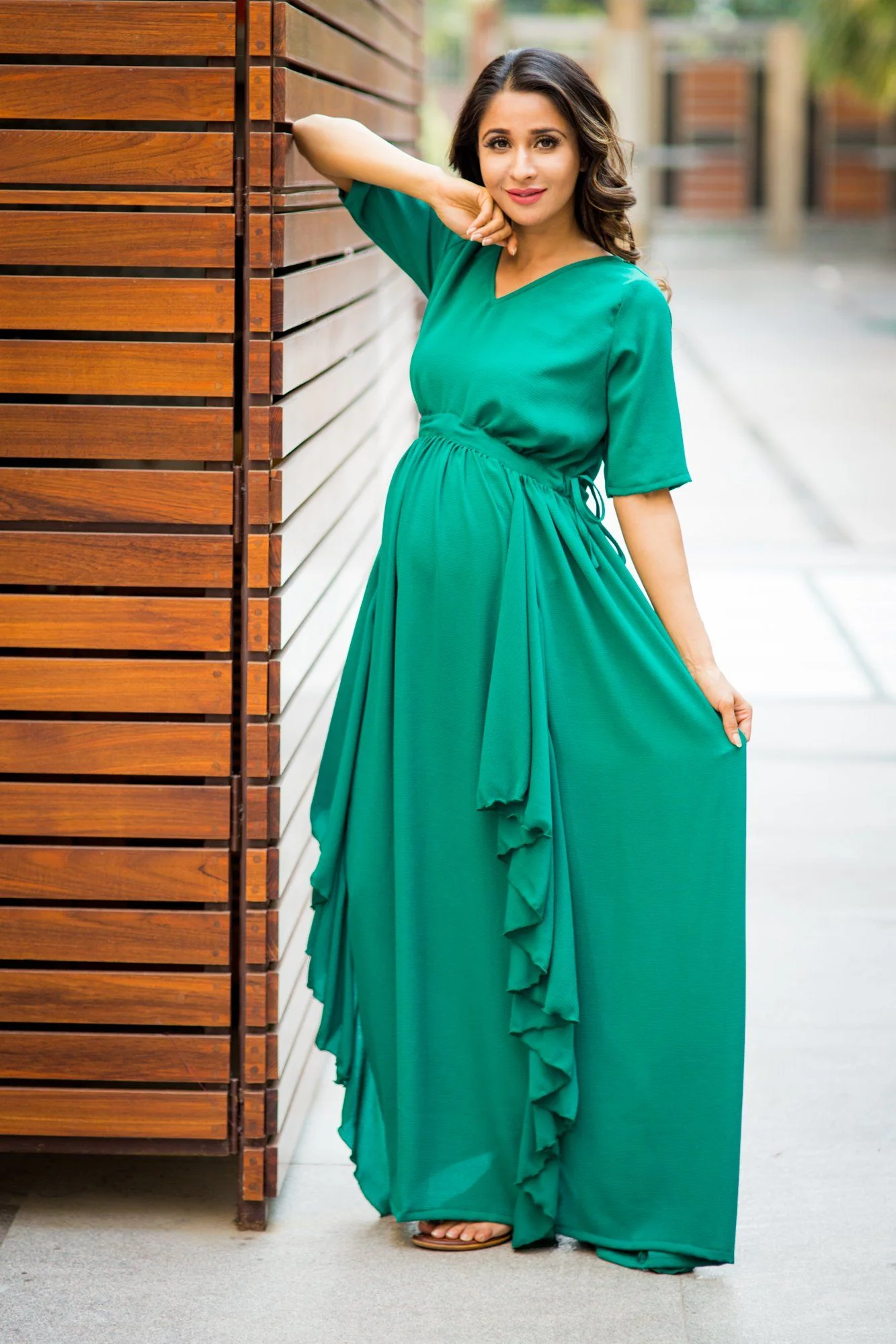Luxe Forest Green Bubble Georgette Maternity Dress - Chenance