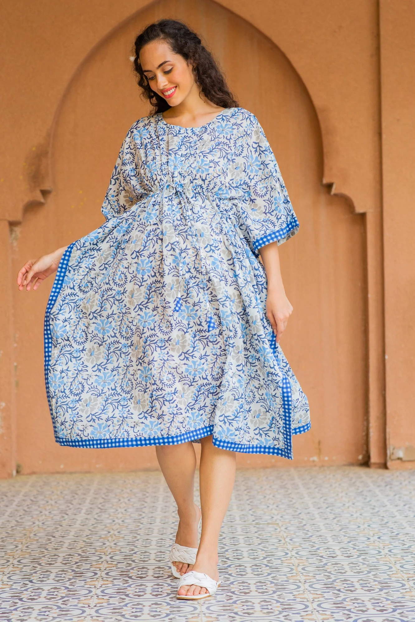 Angelic White Cotton Floral Maternity & Nursing Kaftan (100% Cotton) - Chenance