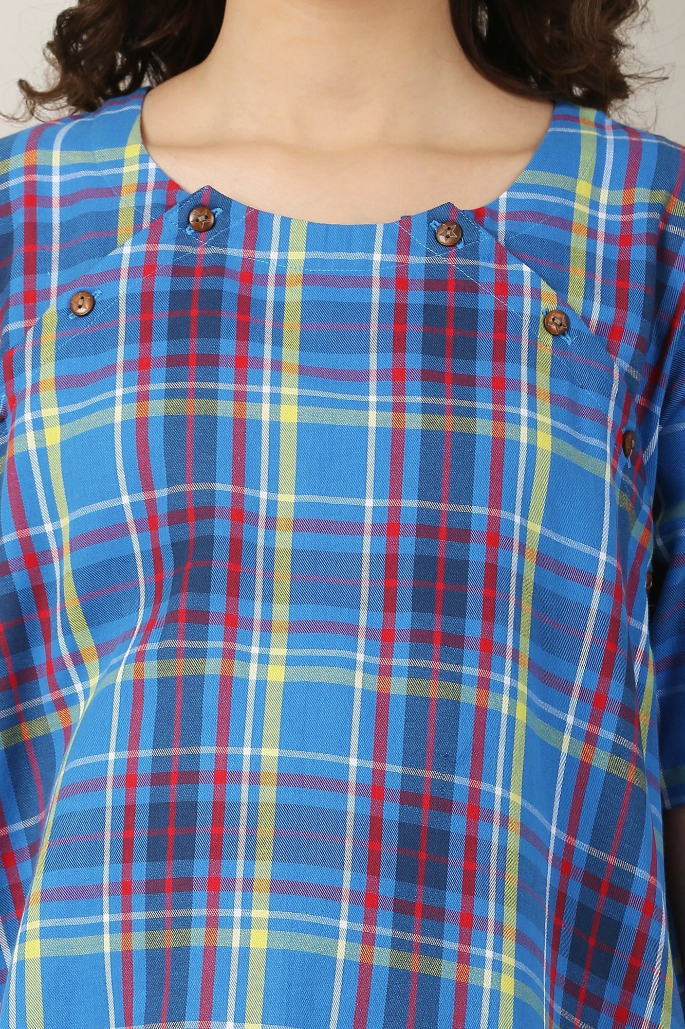 Homey Red Blue Snap Shoulder Maternity & Nursing Night Dress / Delivery Gown/ Lounge Dress - Chenance