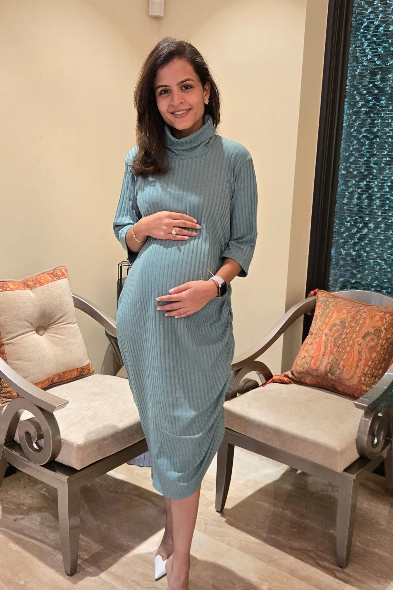 Refined Dusty Teal Ribbed Maternity Fitted Winter Dress - Chenance