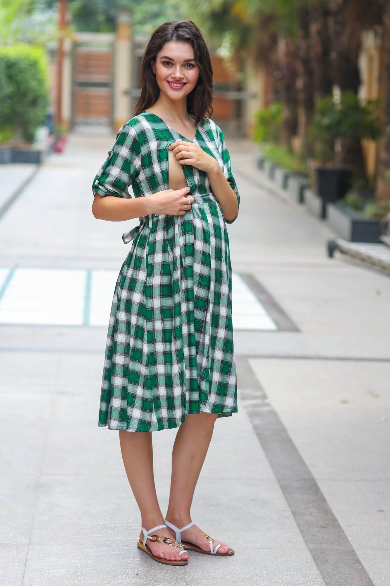 Forest Green Plaid Maternity & Nursing Dress - Chenance