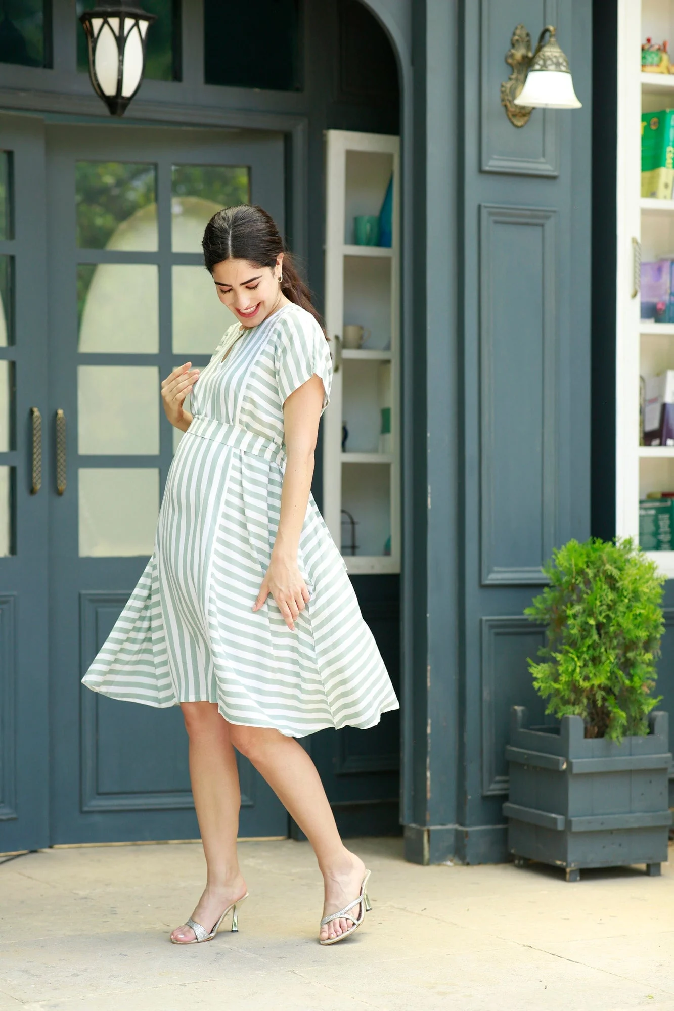 Pretty Green Striped Maternity & Nursing Knee Dress - Chenance