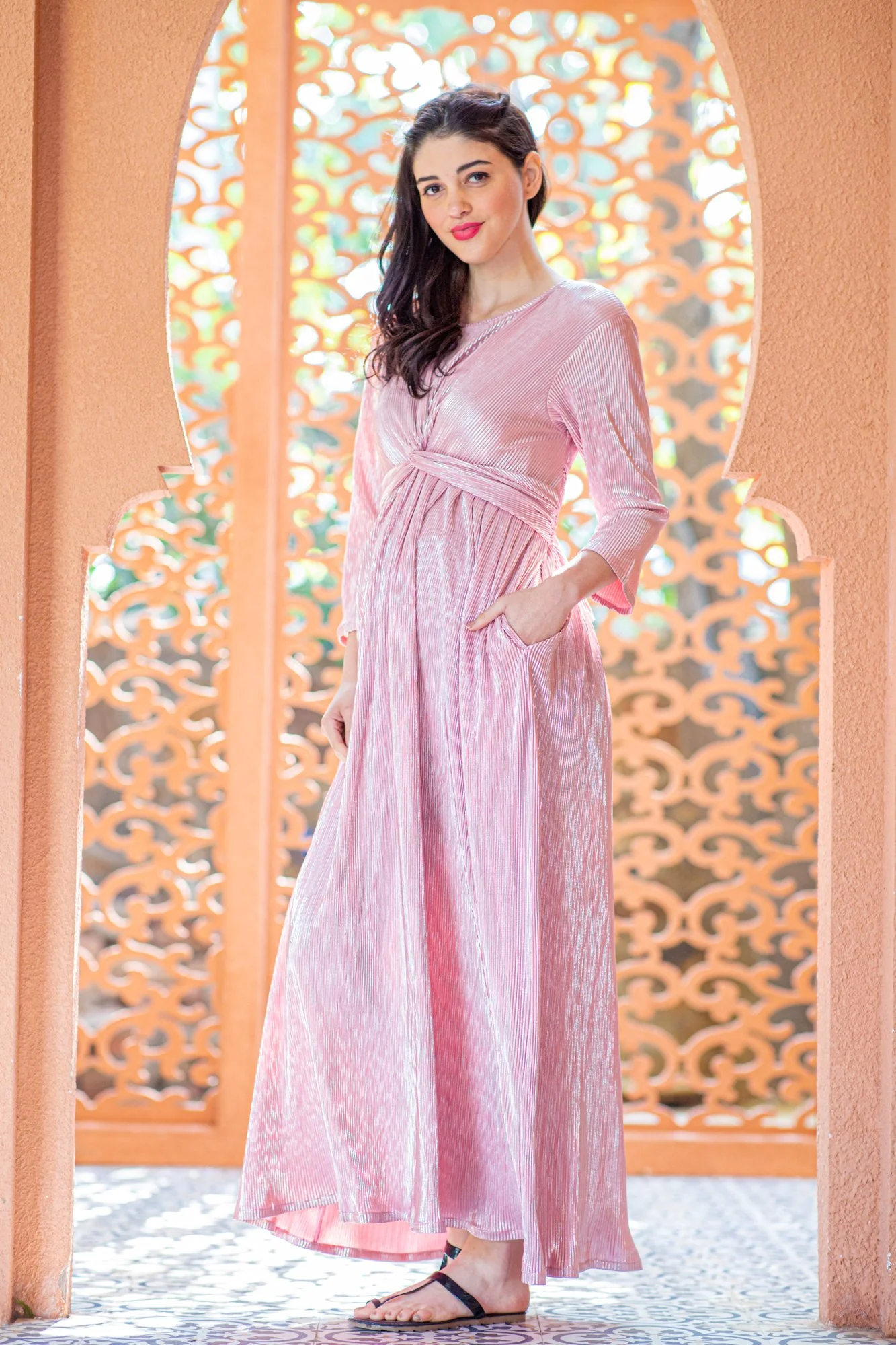 Merlot Shimmer Pleated Maternity Knot Dress - Chenance