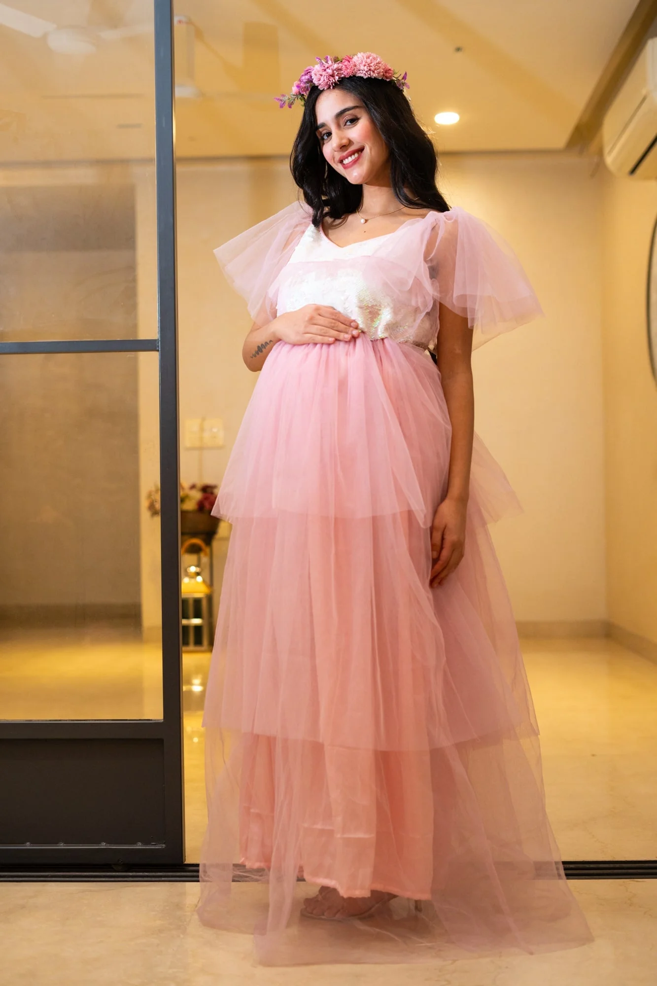 Alluring Blush Pink Maternity Sequence Layered Dress - Chenance
