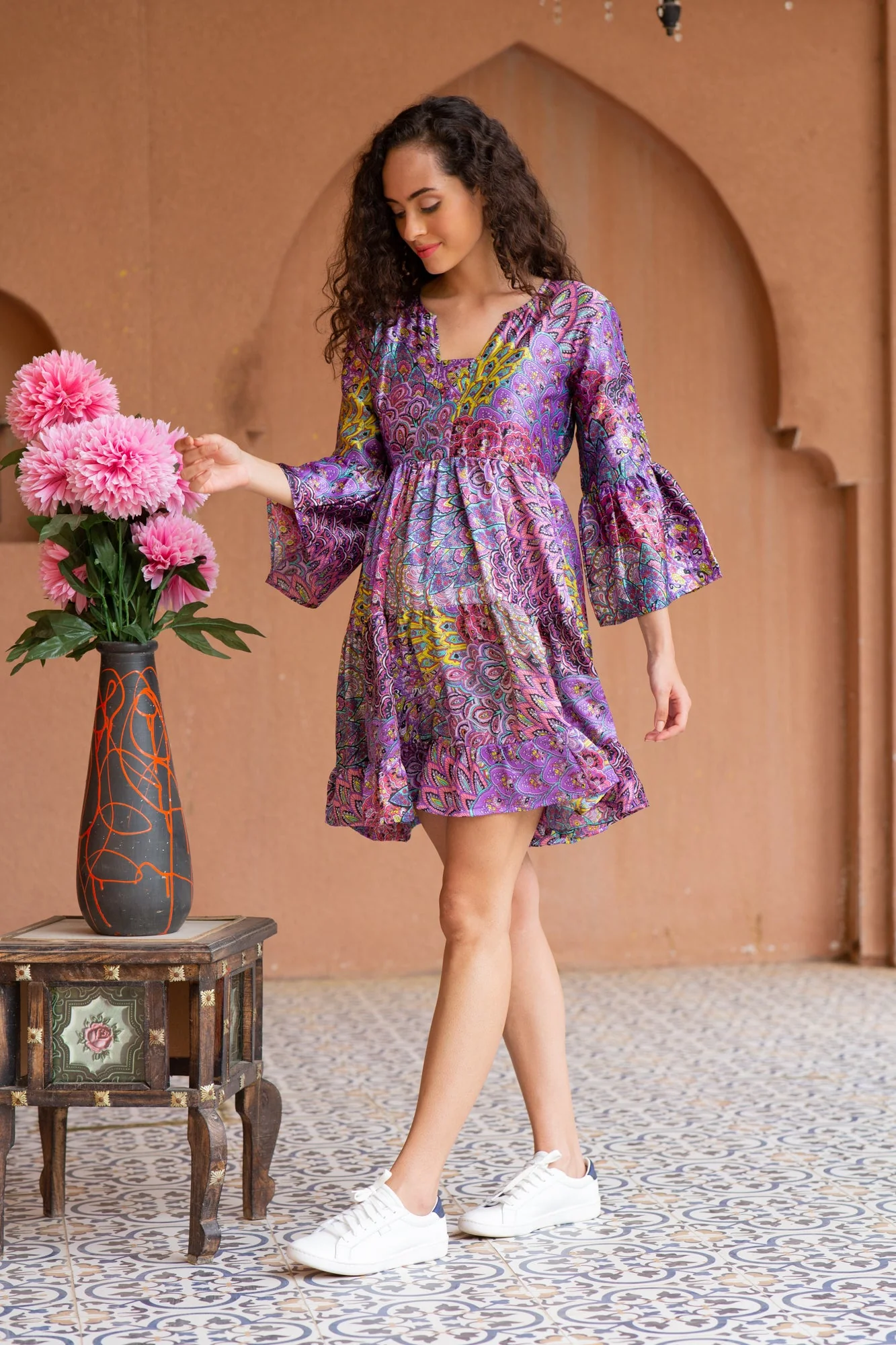 Peppy Floral Plum Satin Maternity Knee Dress - Chenance