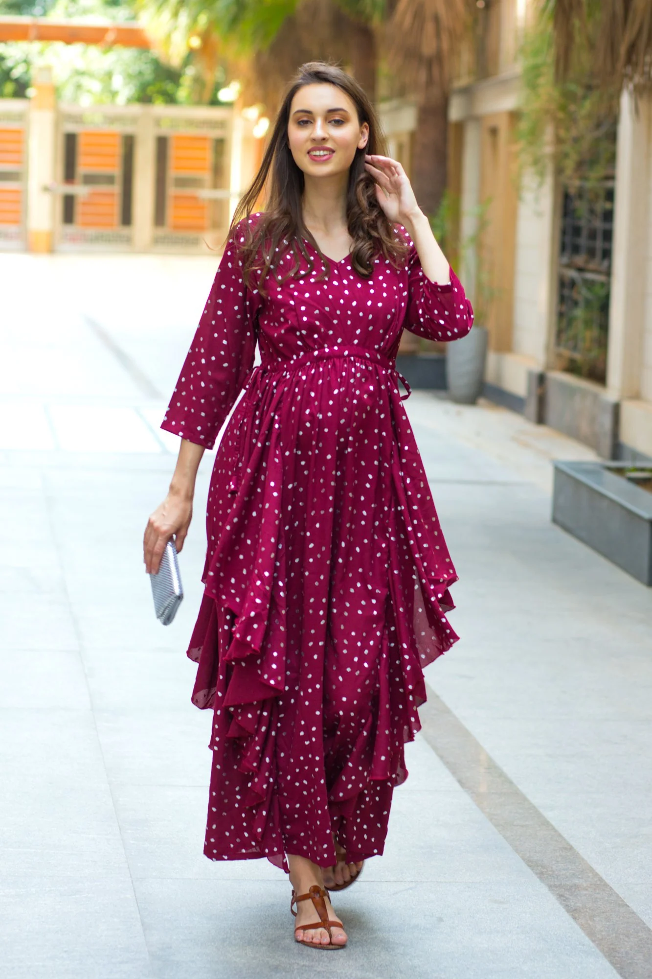 Burgundy Silver Embellished Maternity Flow Dress - Chenance