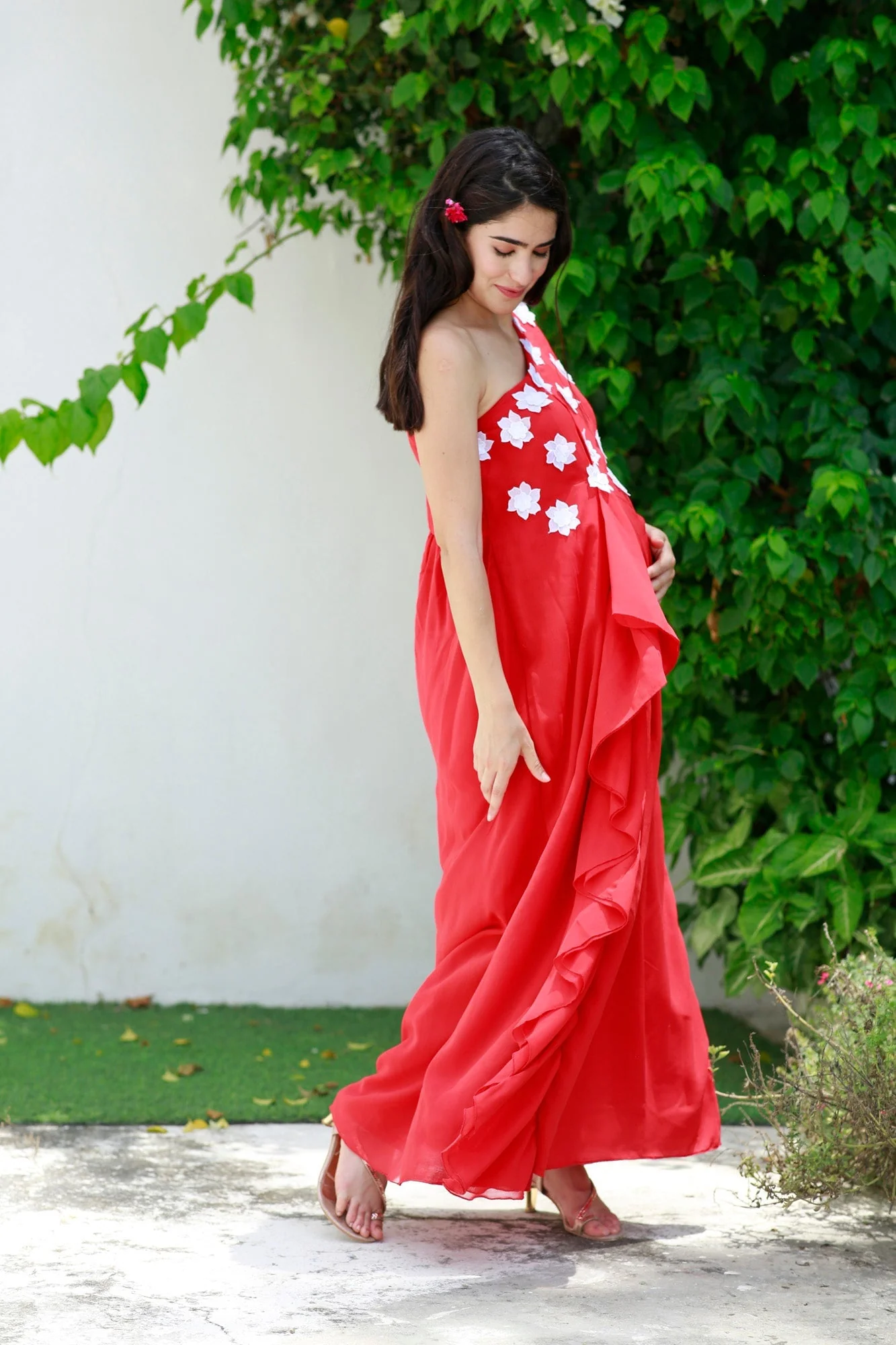 Scarlet Red One Shoulder Maternity Flow Dress - Chenance