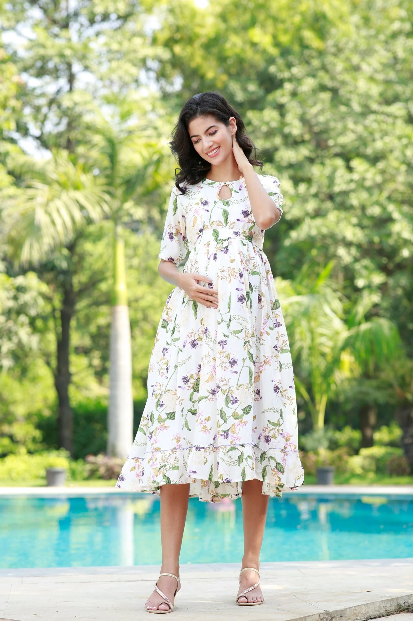 Boho Ivory Tropical Frill Concealed Zips Maternity & Nursing Dress - Chenance