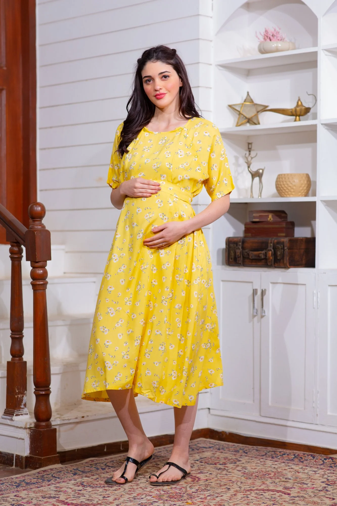 Canary Yellow Shoulder Snap Maternity & Nursing Dress / Delivery Gown/ Night Dress - Chenance