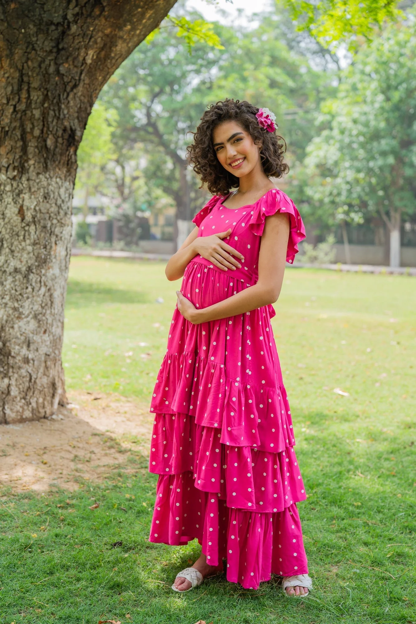 Lovable Fuchsia Baby Polka Maternity & Nursing Frill Dress (100% Cotton) - Chenance