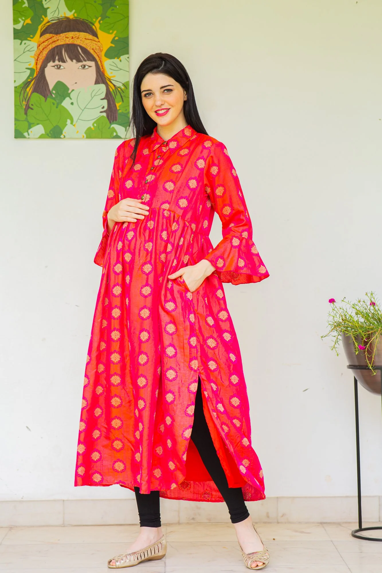 Red Luxe Maternity and Nursing Kurta Dress - Chenance
