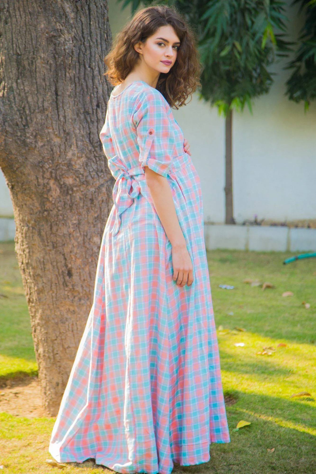 Pastel Pink Plaid Maternity & Nursing Maxi Dress - Chenance