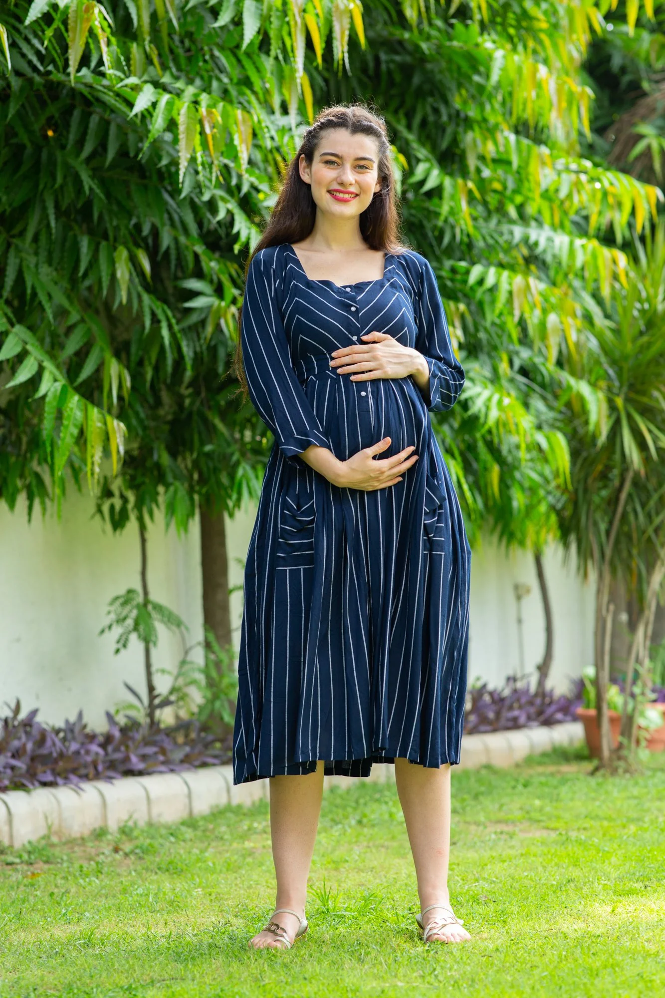 Ocean Striped Pocket Maternity & Nursing Dress - Chenance