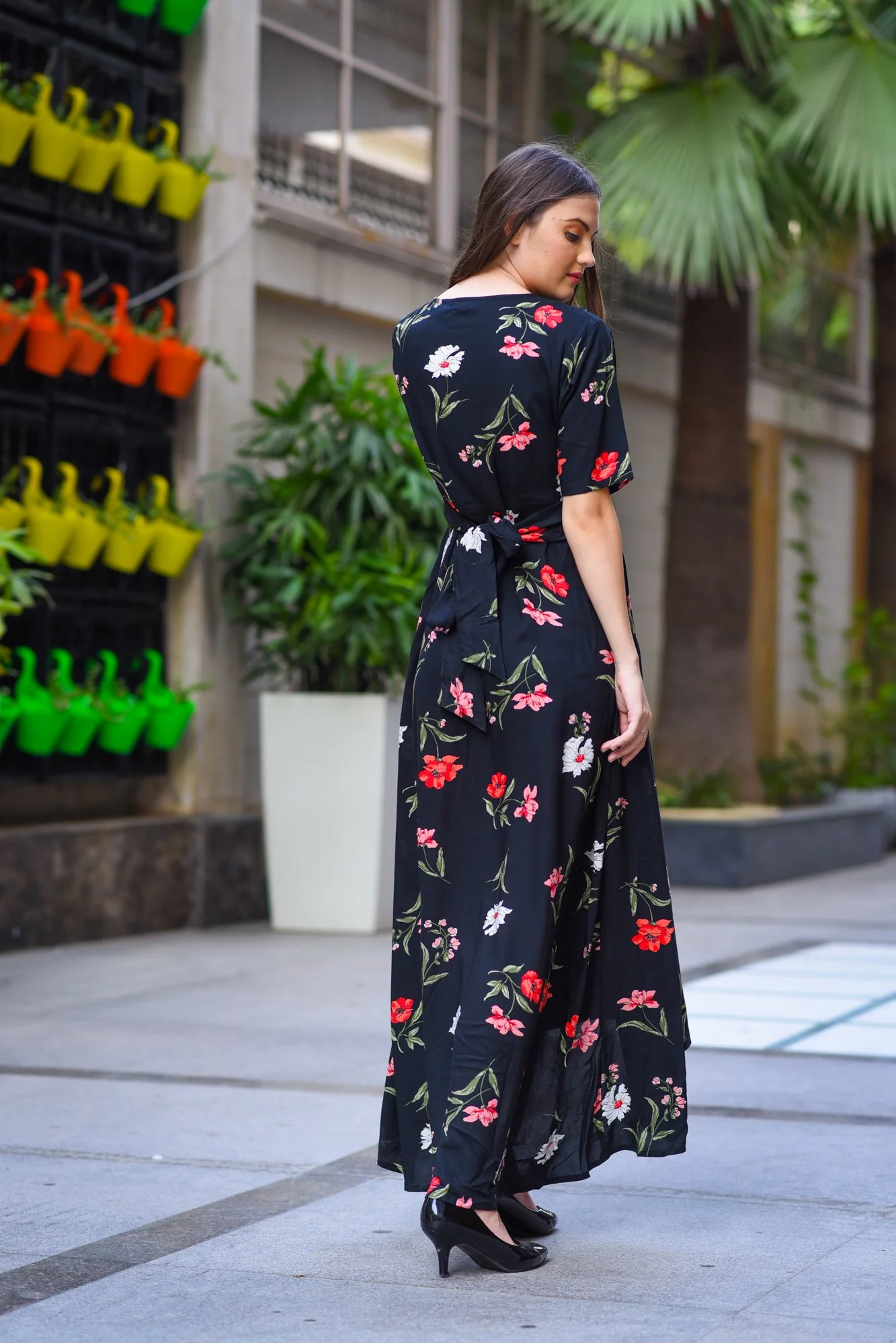 Midnight Blossom Rose High-Low Maternity & Nursing Wrap Dress - Chenance